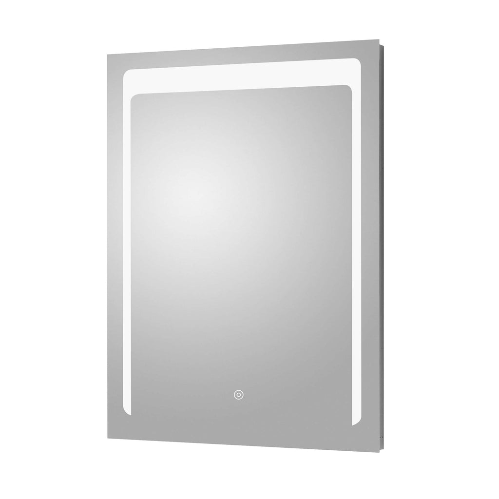 Modern illuminated bathroom mirror with LED lighting and touch sensor, ideal for stylish bathrooms and vanity setups. Perfect for contemporary bathroom decor and grooming routines.