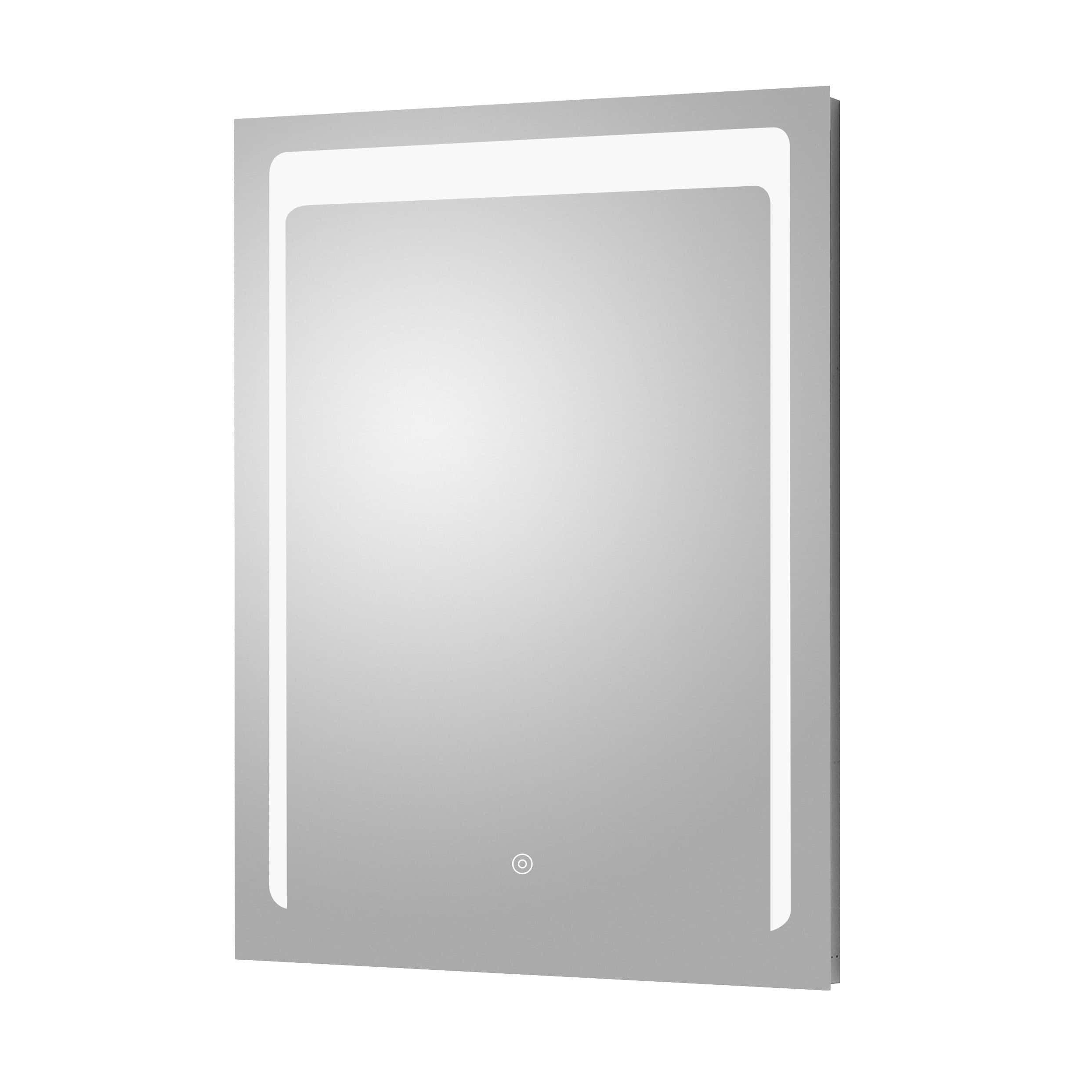 Modern illuminated bathroom mirror with LED lighting and touch sensor, ideal for stylish bathrooms and vanity setups. Perfect for contemporary bathroom decor and grooming routines.