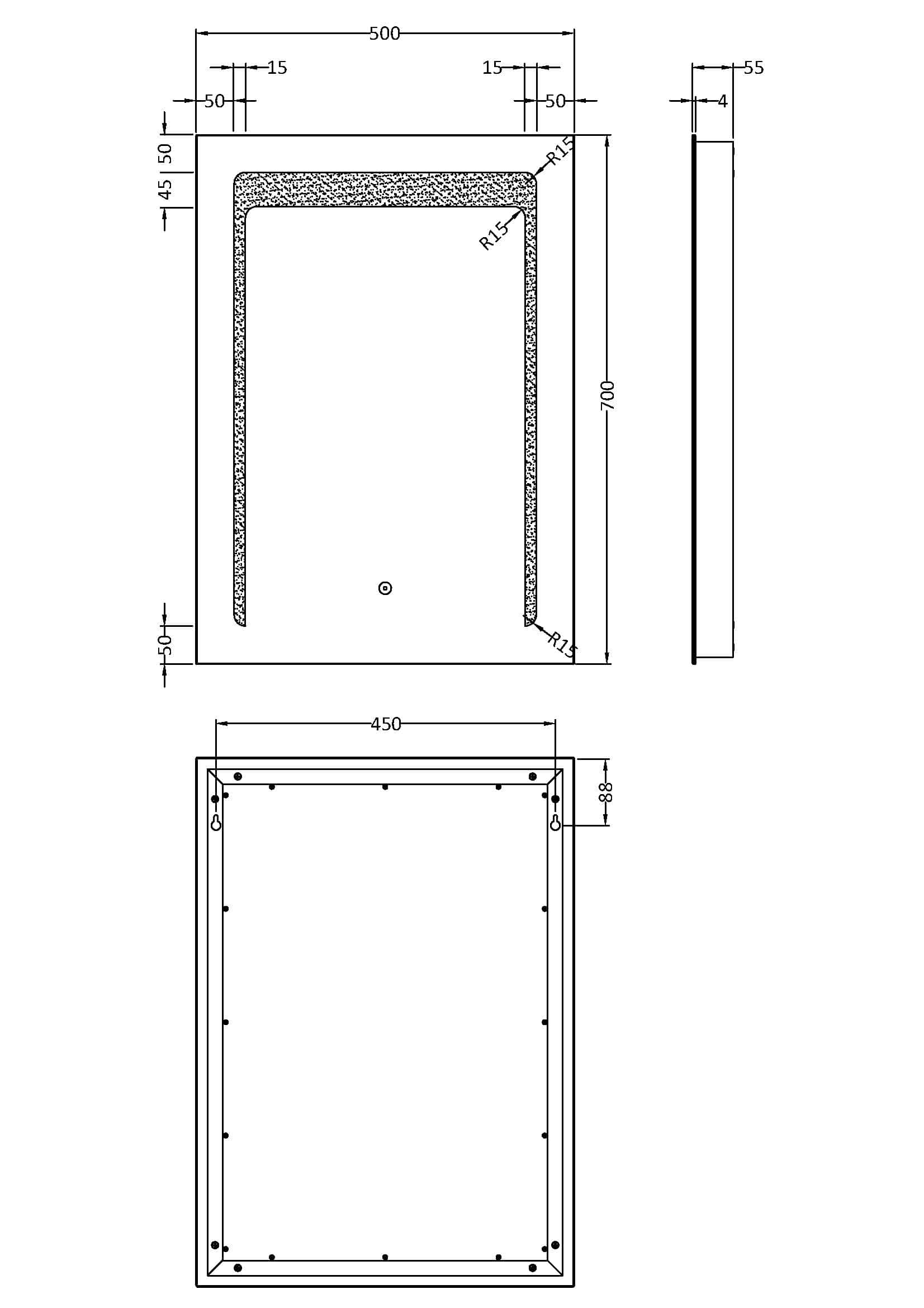 Aluminium shower tray with detailed technical drawings and measurements, including top view and side profile, designed for modern bathroom installations.