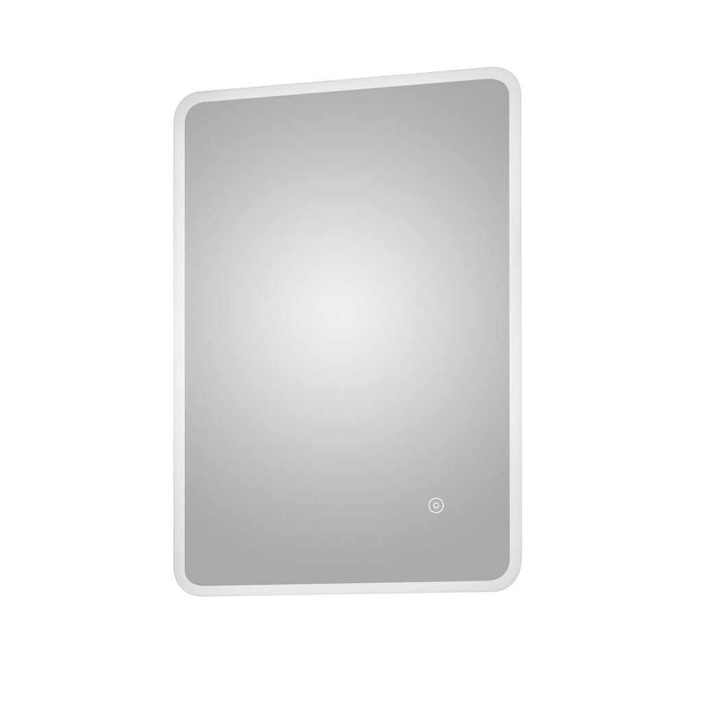 Sleek modern illuminated bathroom mirror with touch sensor, white frame, ideal for contemporary bathrooms, enhances space with functional style.
