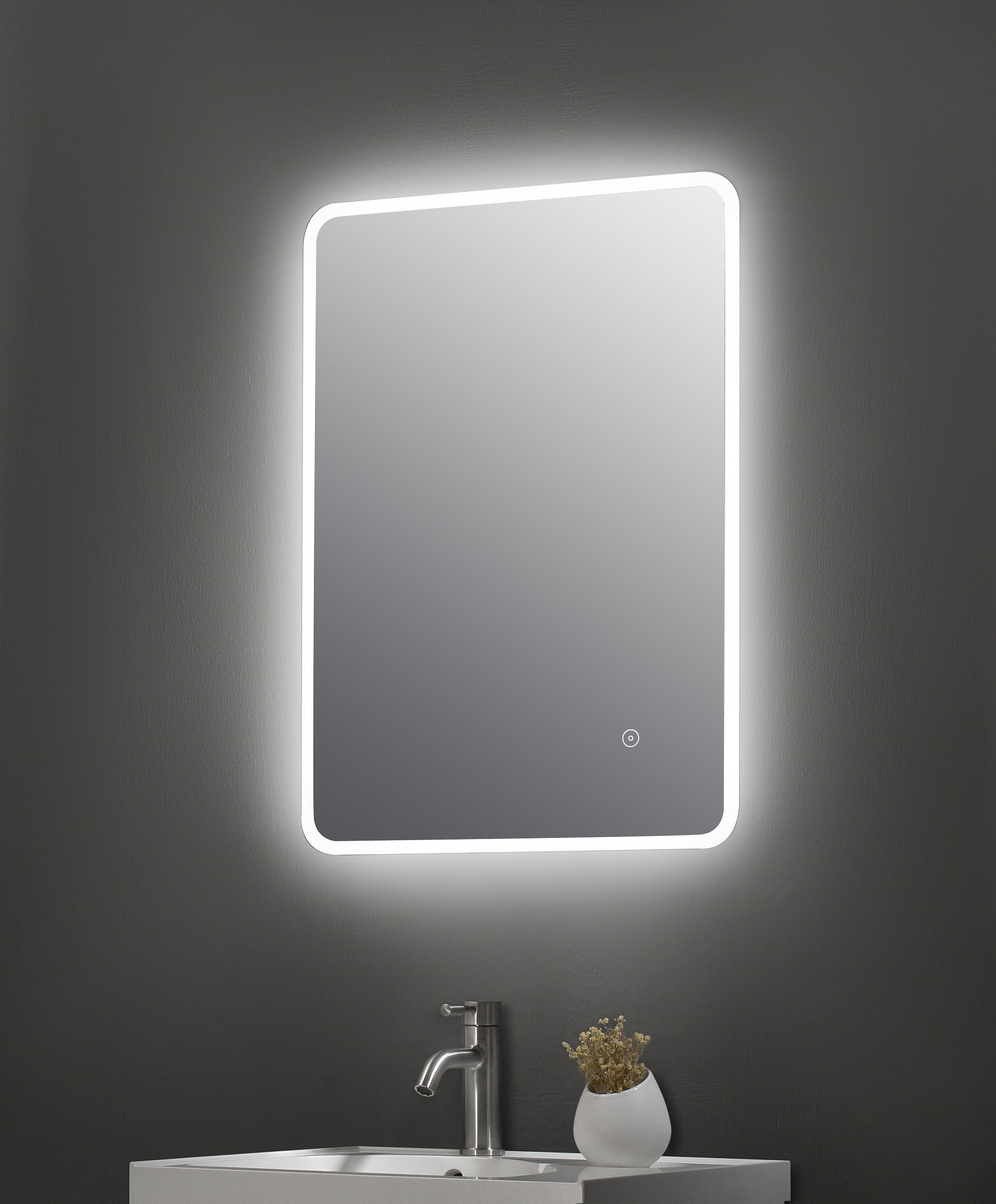 Bright LED illuminated modern bathroom mirror with touch sensor, ideal for contemporary bathroom vanity setups.