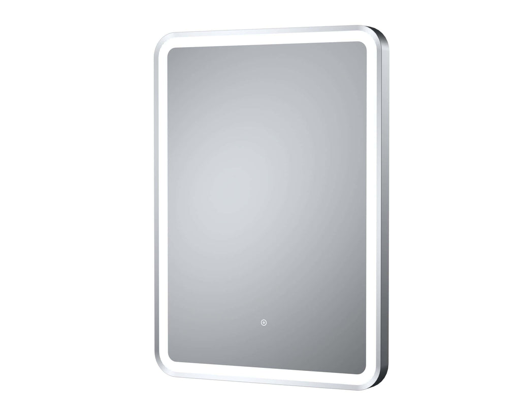 Sleek LED bathroom mirror with integrated touch sensor, ideal for contemporary bathroom decor and enhancing lighting for grooming.