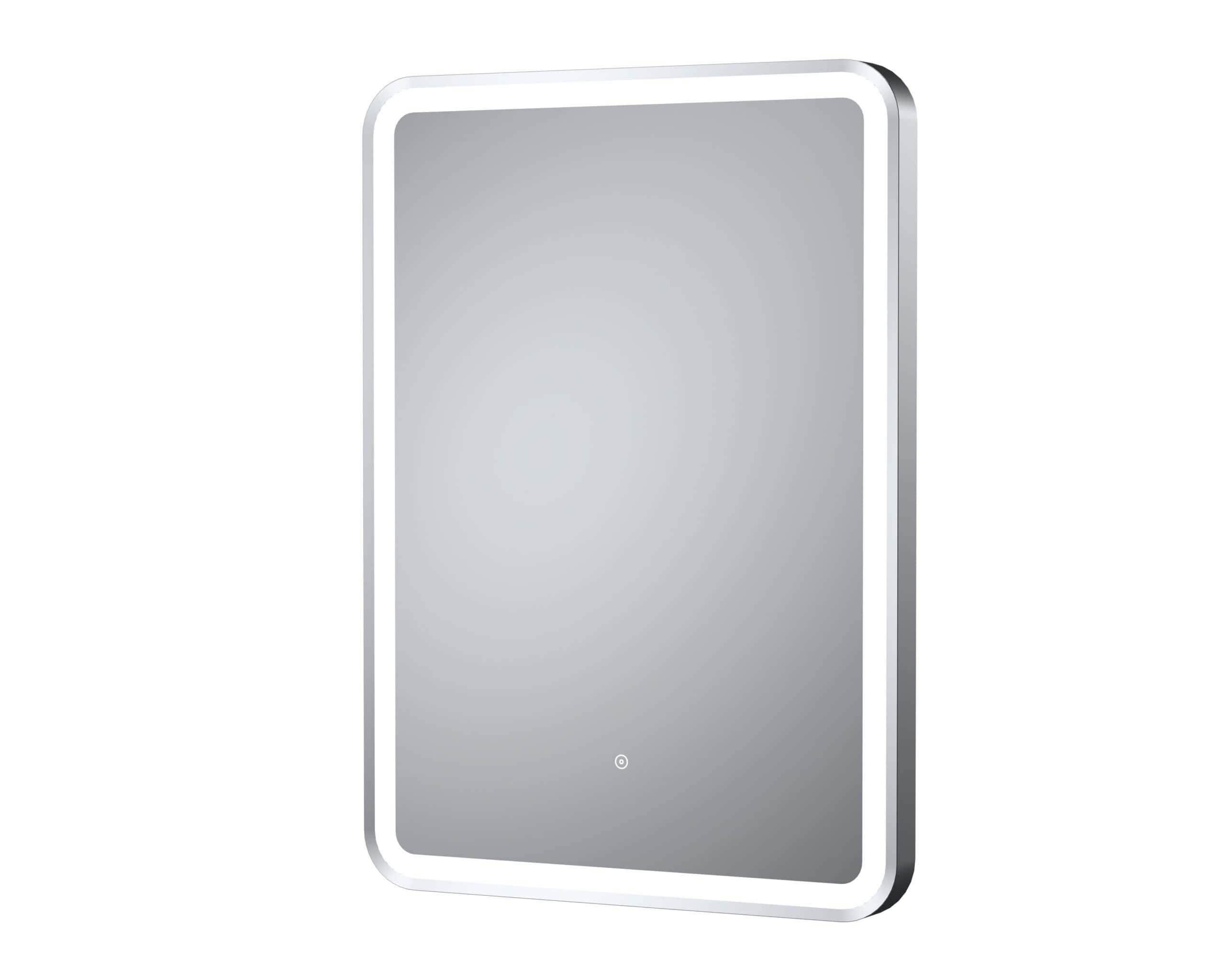 Sleek LED bathroom mirror with integrated touch sensor, ideal for contemporary bathroom decor and enhancing lighting for grooming.