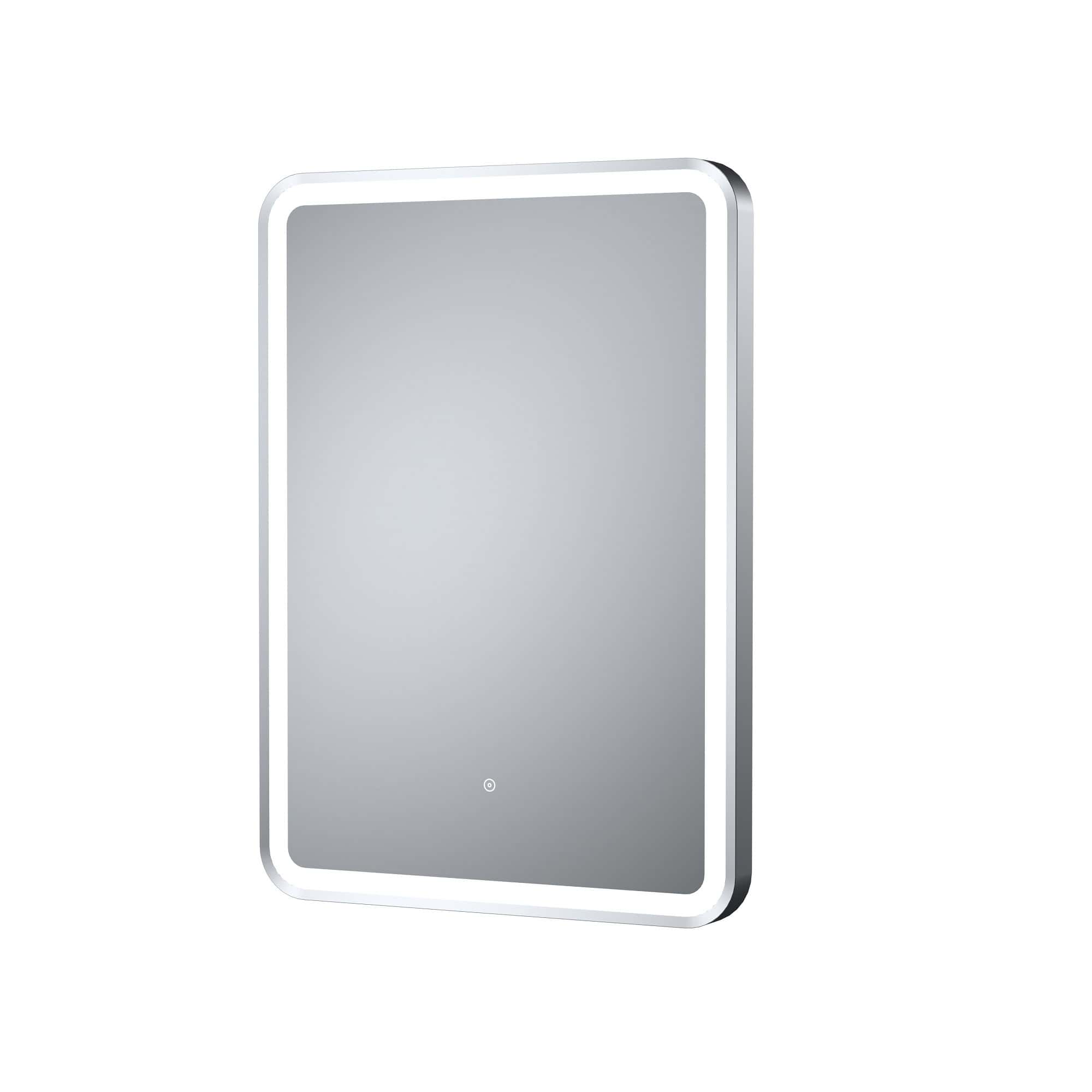 Sleek modern illuminated bathroom mirror with LED lighting, ideal for contemporary bathrooms and vanity areas. Perfect for enhancing ambiance and functionality.
