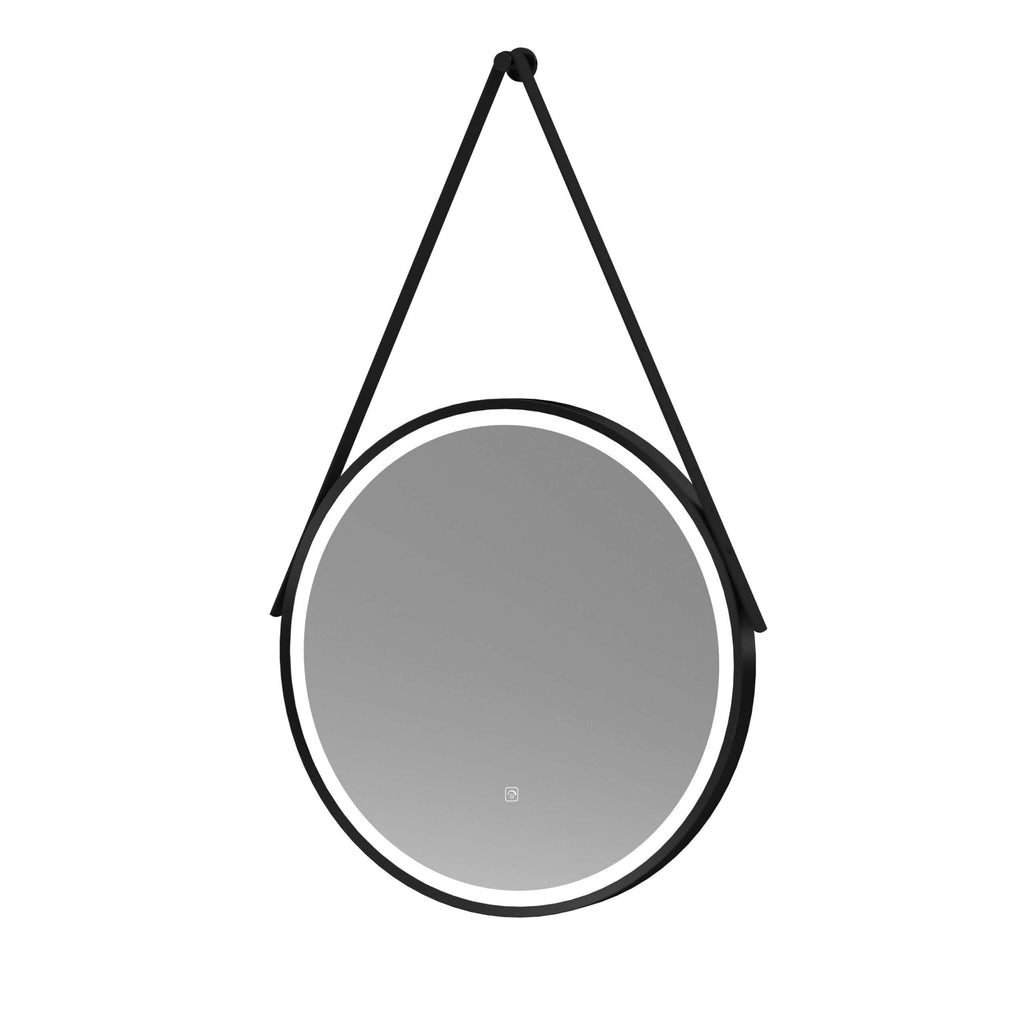 Reflective round bathroom mirror with black frame and hanging straps, modern bathroom decor, perfect for stylish bathrooms.