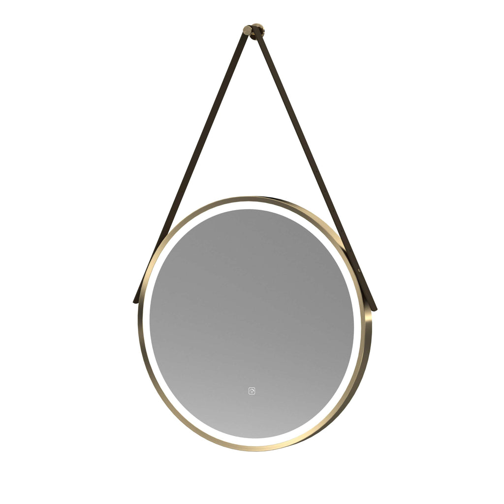 Contemporary oval bathroom mirror with LED backlighting and leather strap hanging system, perfect for modern bathrooms, enhances space and adds style.