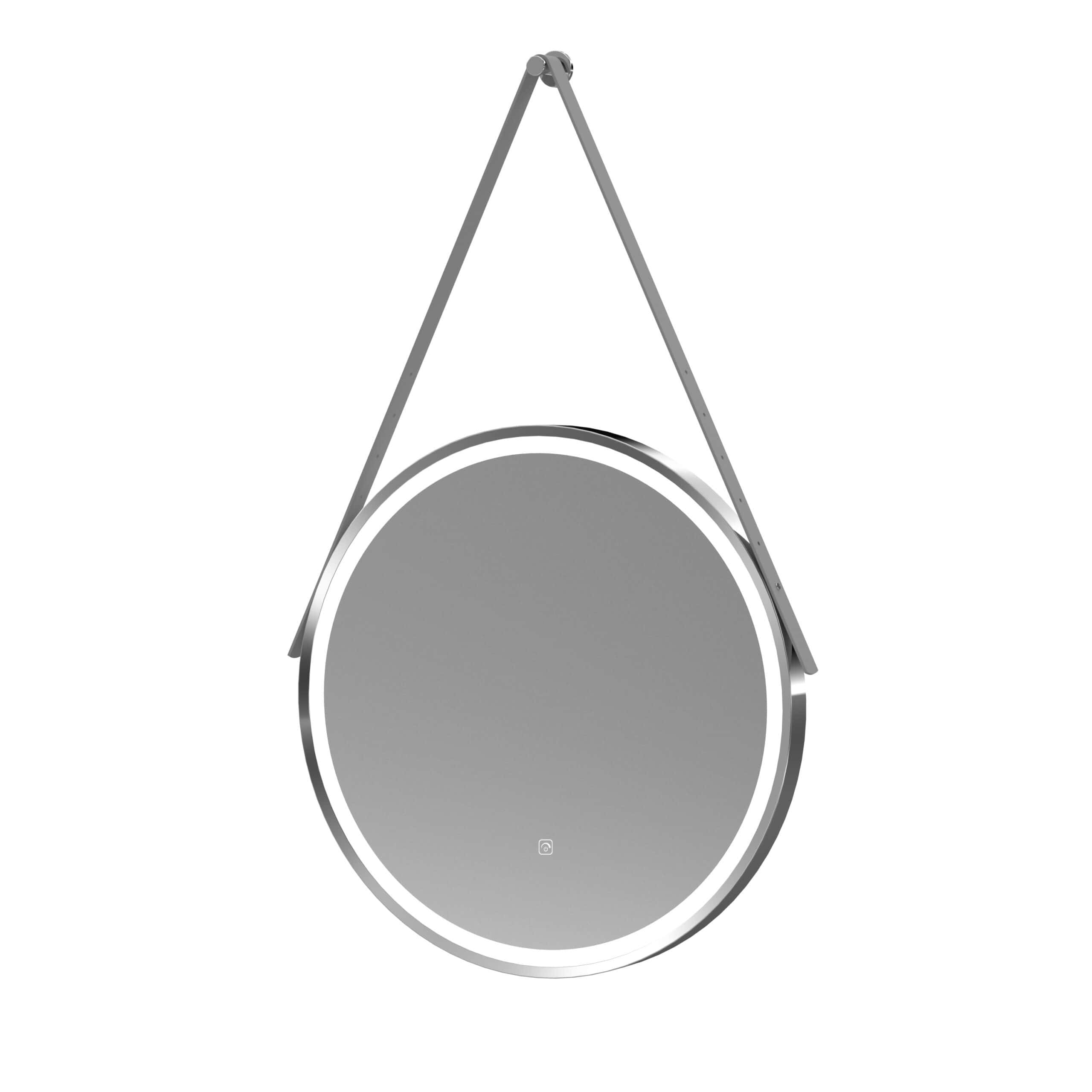Mirror with LED lighting and leather strap for contemporary bathroom decor. Perfect for modern Bubly bathrooms with innovative design and functional elegance. Ideal for bathroom aesthetics.