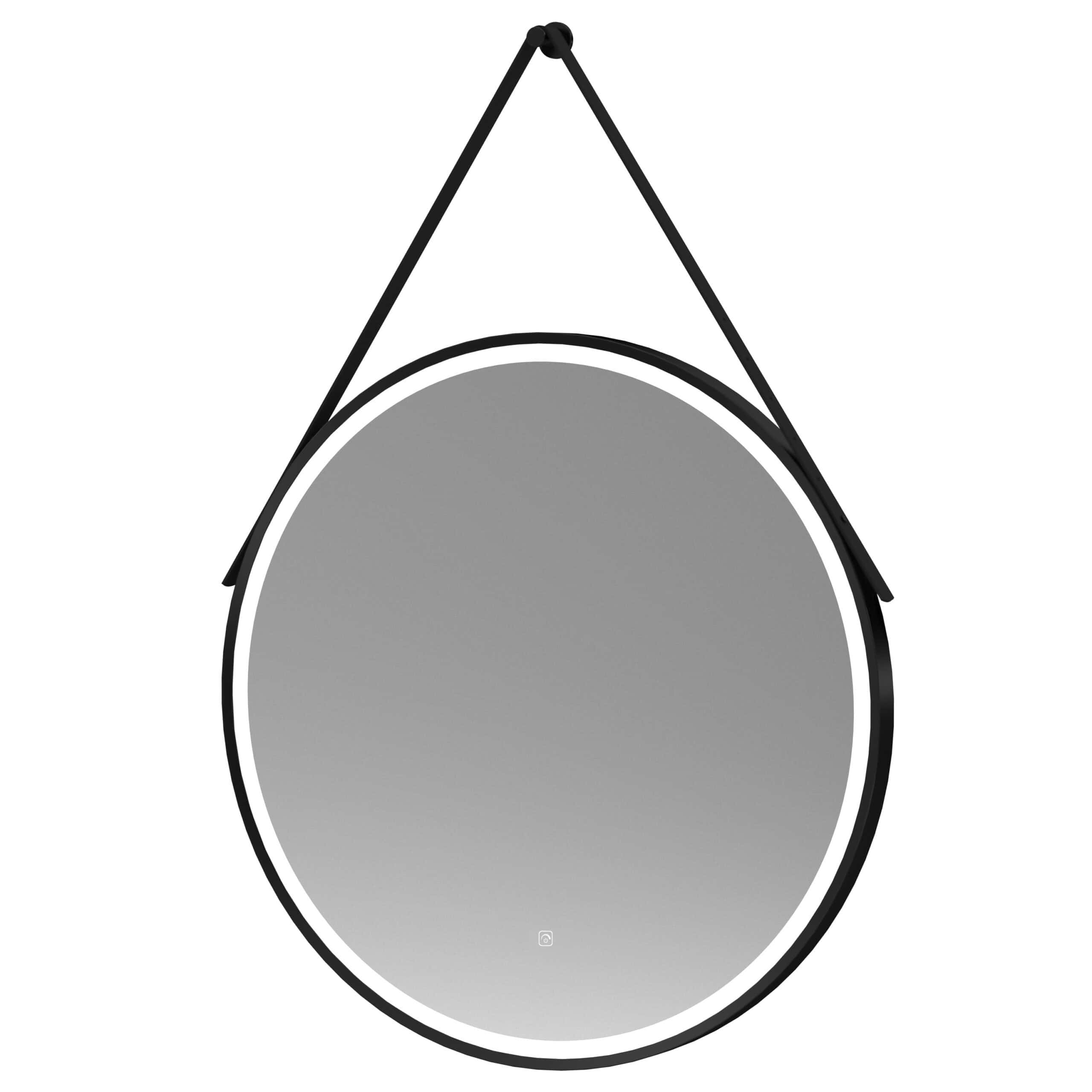 Shower mirror with black frame and hanging cord for modern bathroom decor. Suitable for use in health and beauty routines, providing a functional addition to Bubly Bathrooms' premium bathroom accessories.