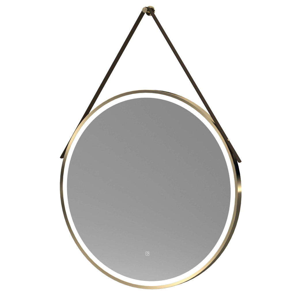 Shiny round wall mirror with gold frame hanging from black leather strap, ideal for modern bathrooms and home decor.