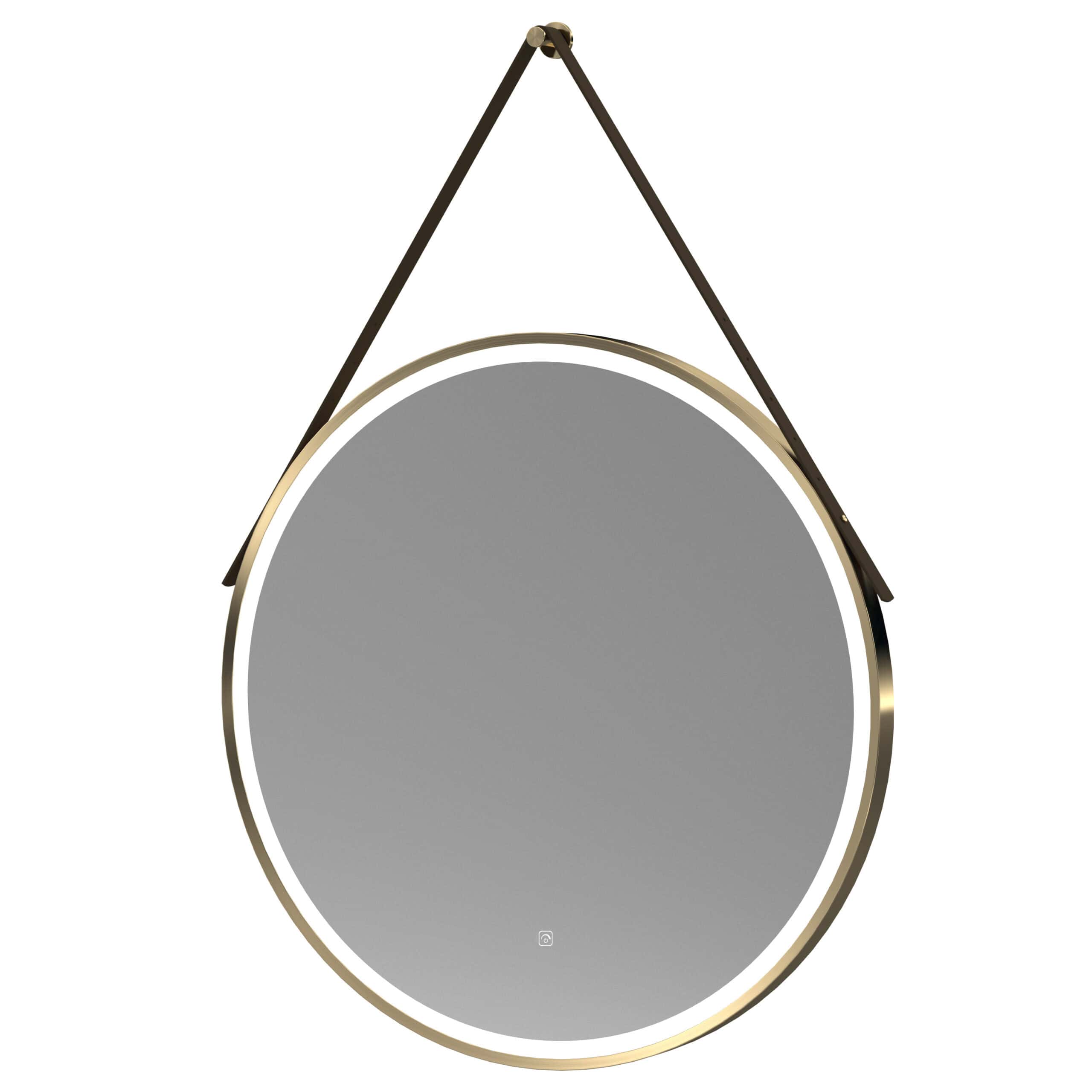 Shiny round wall mirror with gold frame hanging from black leather strap, ideal for modern bathrooms and home decor.