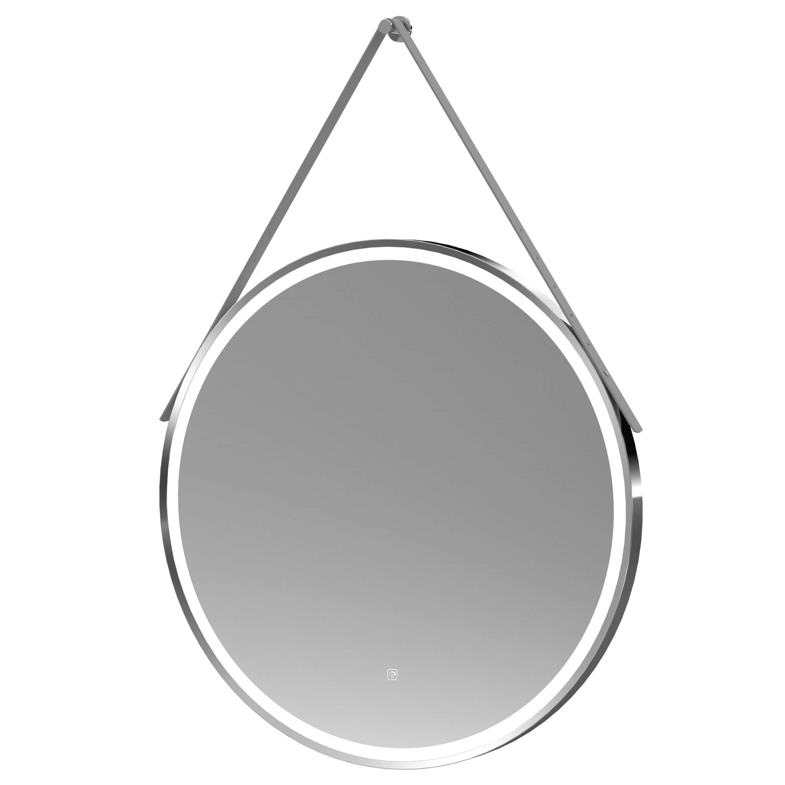 Reflective circular bathroom mirror with sleek design, hanging on a modern metal strap for wall mounting, ideal for contemporary bathroom decor.