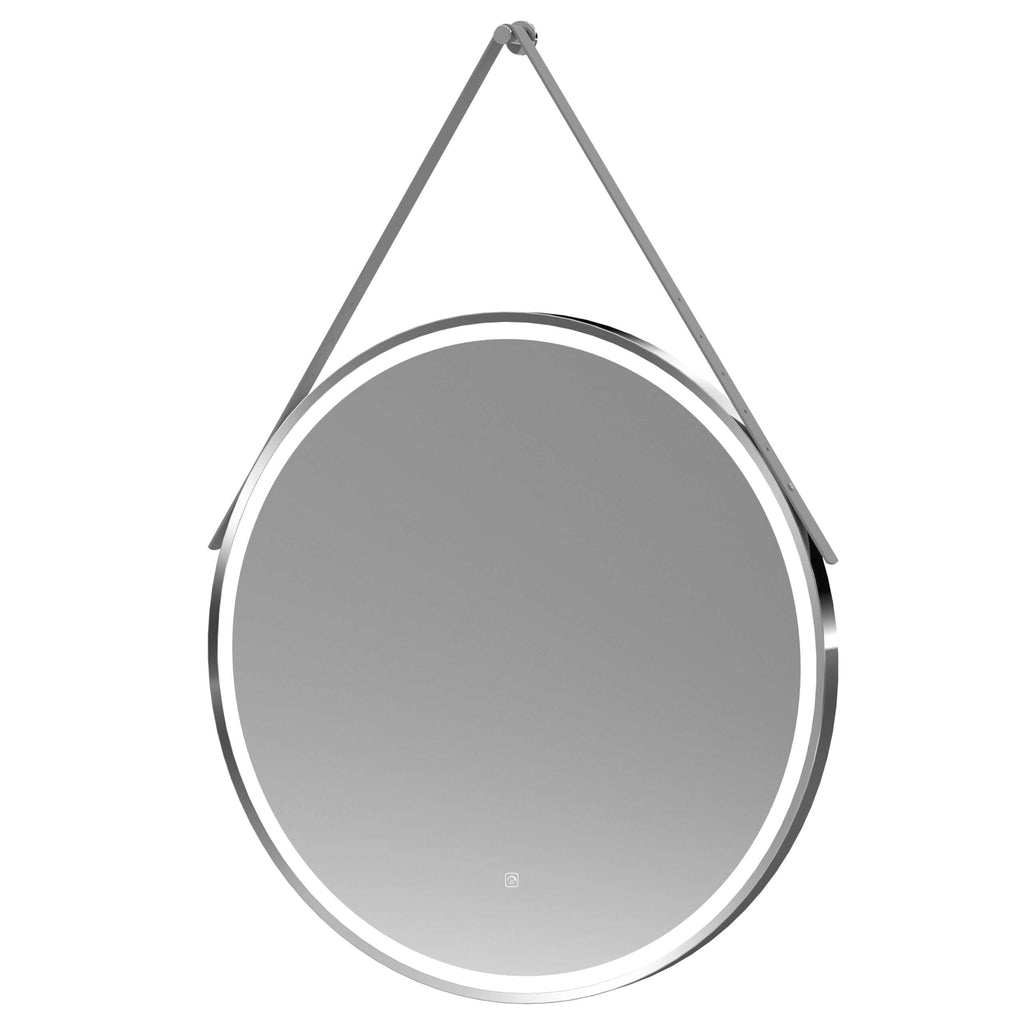 Reflective circular bathroom mirror with sleek design, hanging on a modern metal strap for wall mounting, ideal for contemporary bathroom decor.