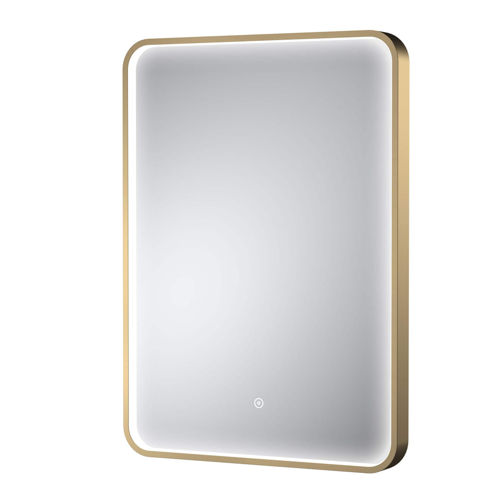 Sleek modern illuminated bathroom mirror with touch sensor, gold trim, ideal for contemporary bathroom decor and vanity areas. Perfect for stylish and functional bathroom design.
