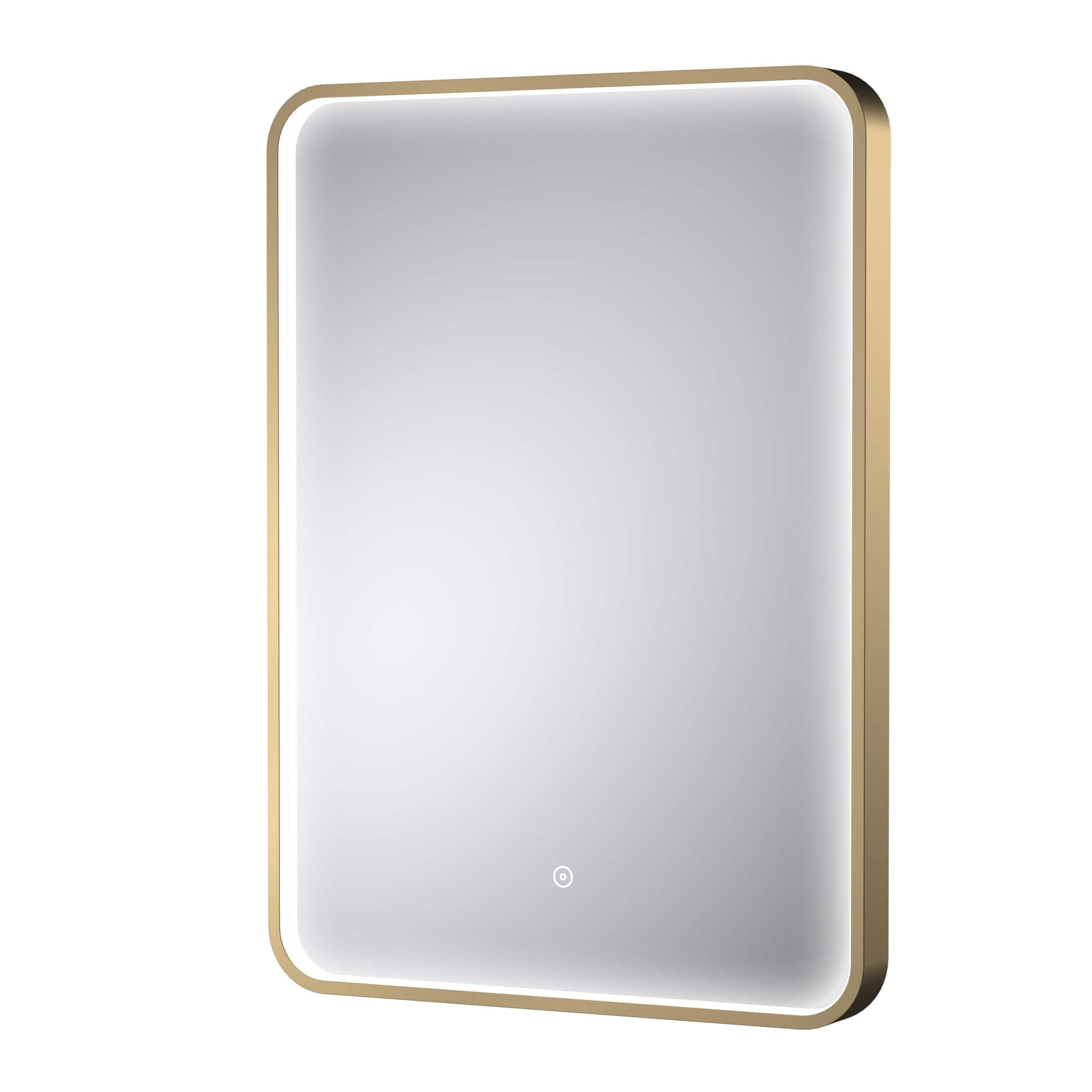 Sleek modern illuminated bathroom mirror with touch sensor, gold trim, ideal for contemporary bathroom decor and vanity areas. Perfect for stylish and functional bathroom design.
