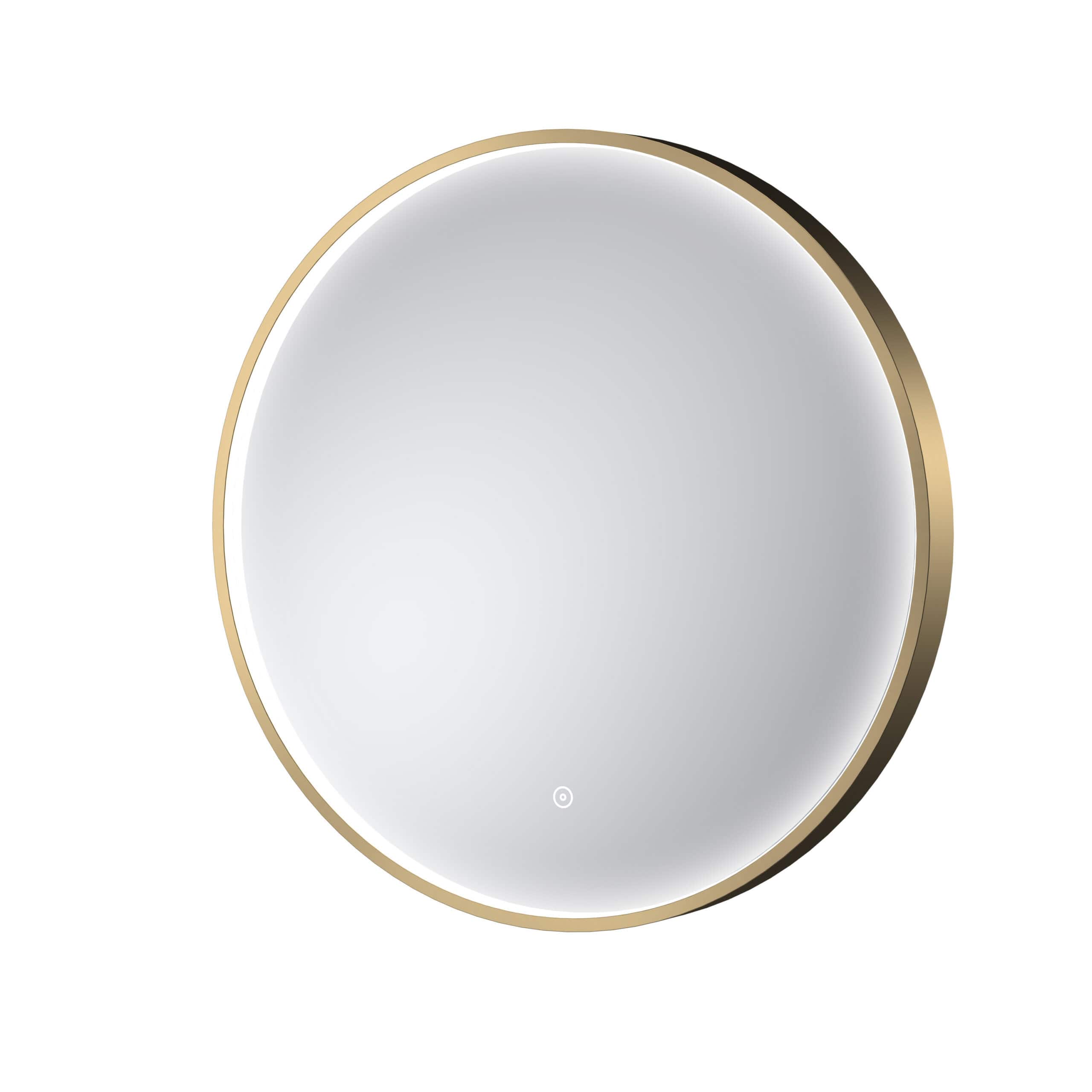 Sleek round LED bathroom mirror with gold trim for modern bathroom decor, featuring built-in lighting and digital touch control for style and functionality. Perfect for enhancing bathroom aesthetics.