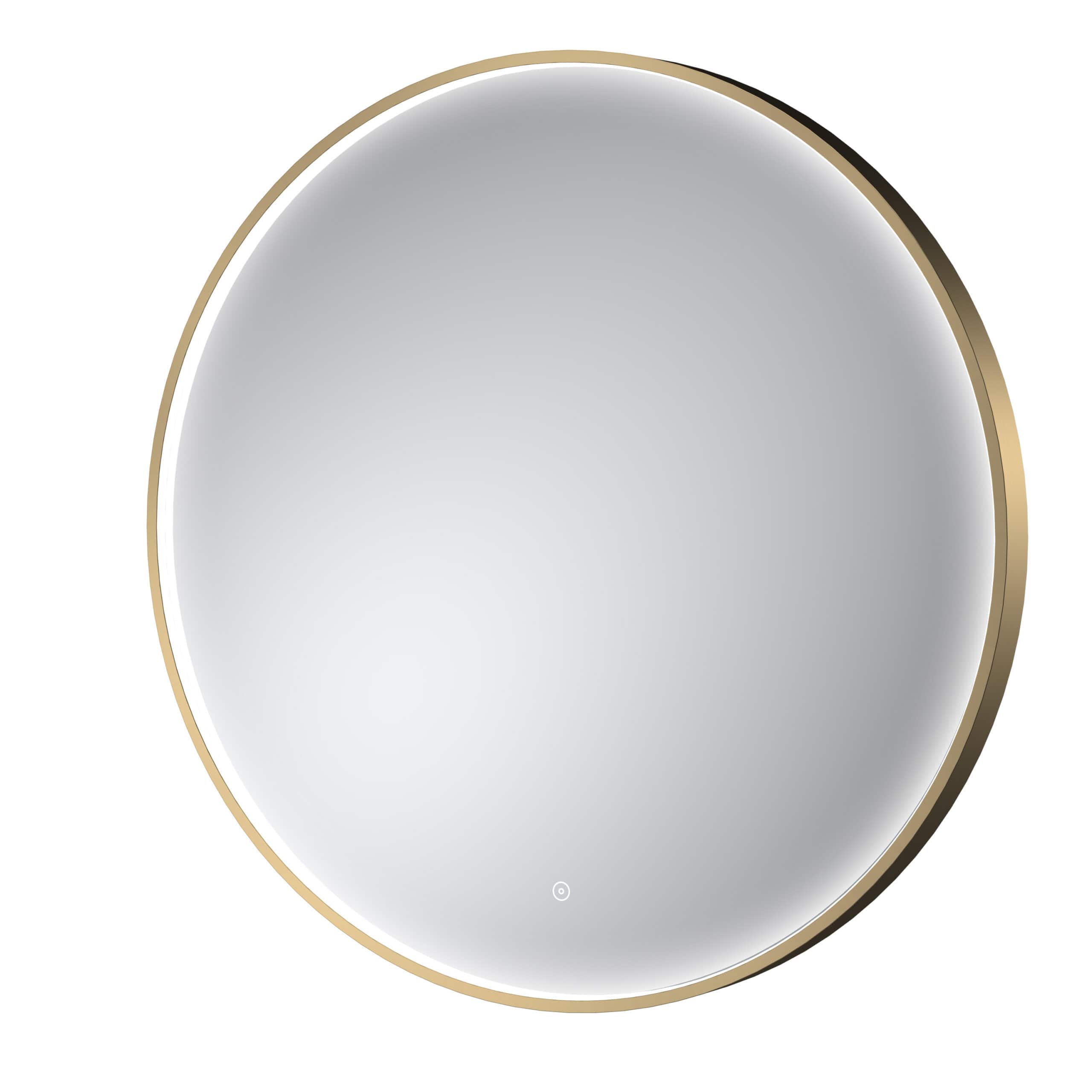 Sleek round mirror with a gold trim, perfect for modern bathroom decor. Reflects light and enhances space, ideal for a contemporary bathroom setting.