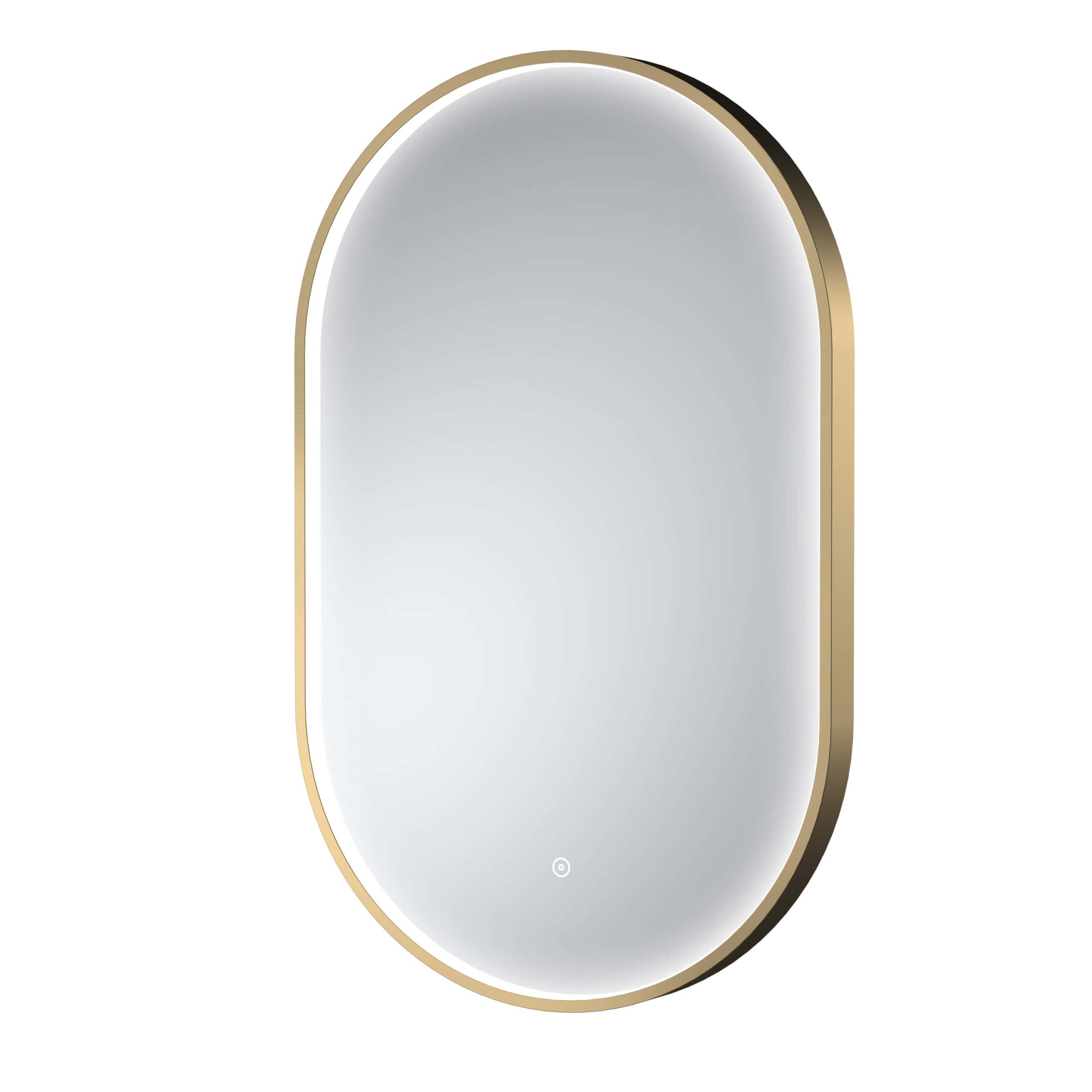 Sleek oval bathroom mirror with gold frame, modern design, ideal for contemporary bathrooms, enhances space appearance, and adds elegance to your bathroom decor.