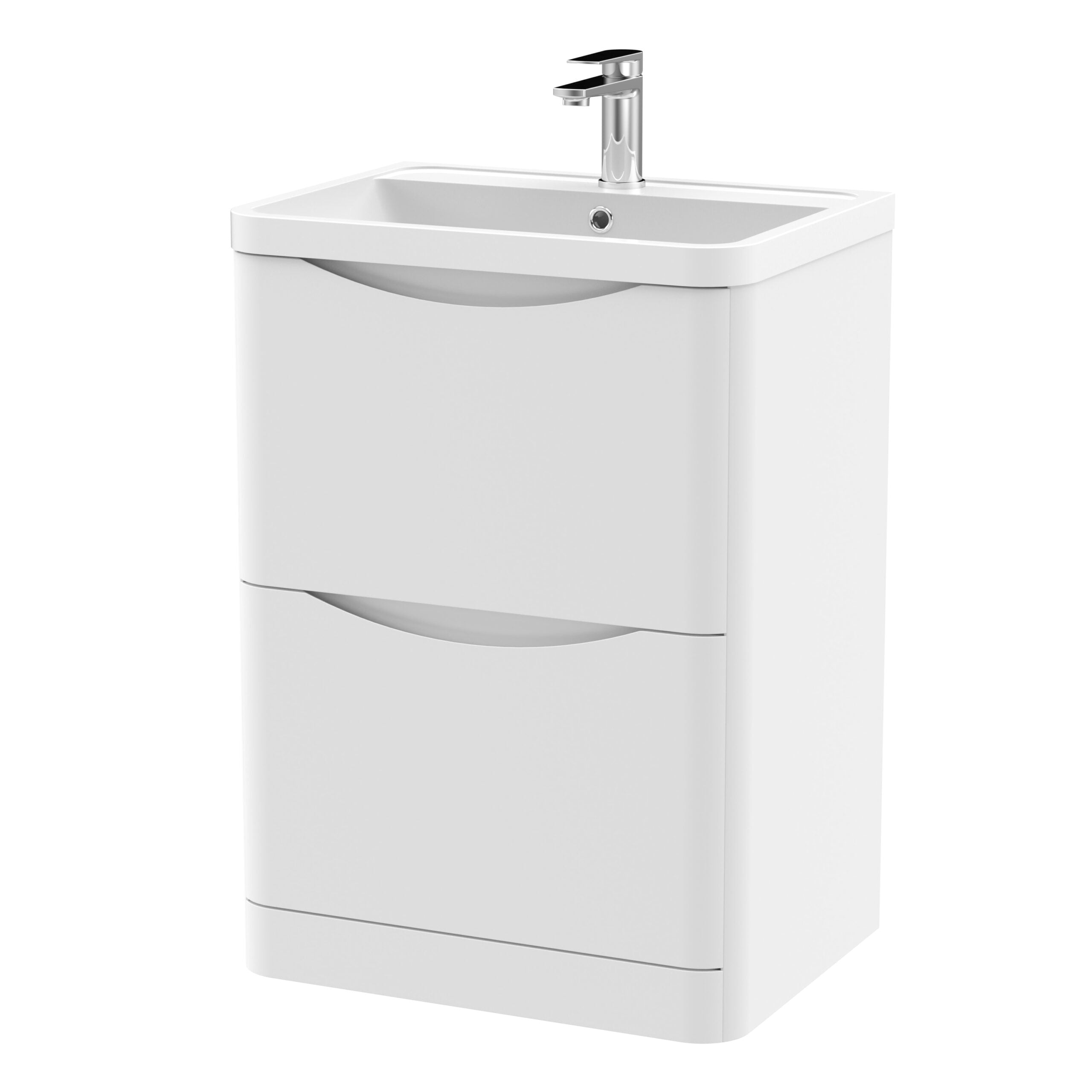 White bathroom vanity unit with integrated sink and storage drawers, ideal for modern bathroom design. Features a sleek chrome faucet and smooth curved drawer handles for a minimalist look.