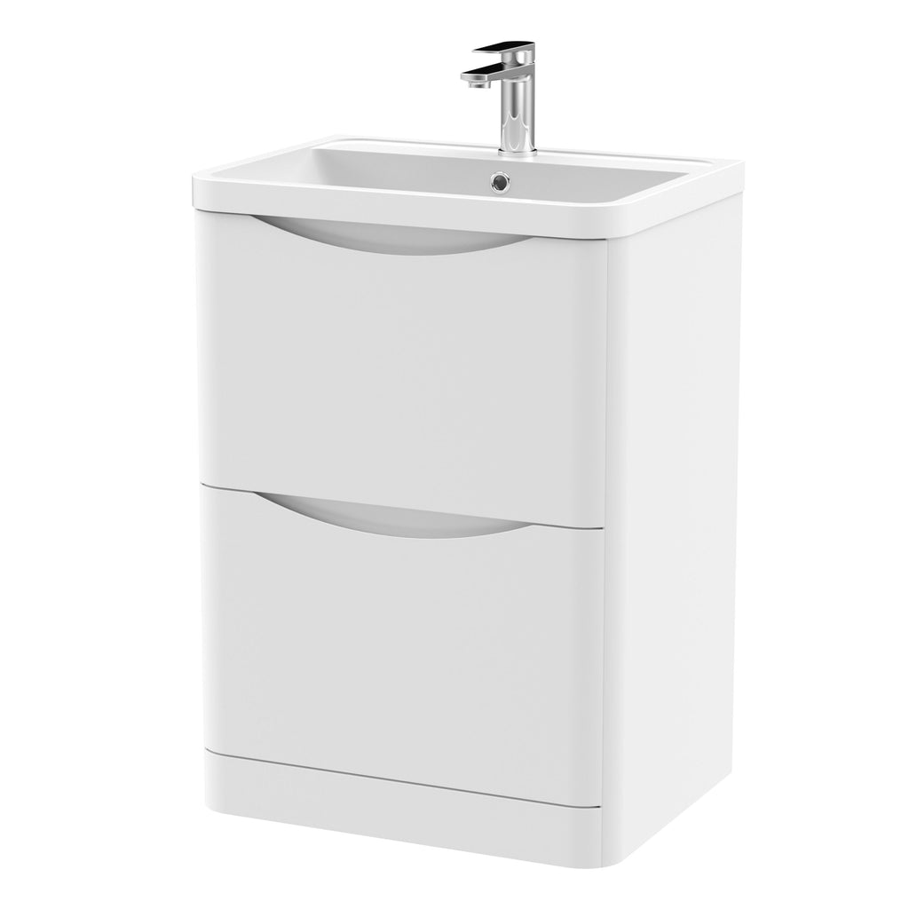 White bathroom vanity unit with integrated sink and storage drawers, ideal for modern bathroom design. Features a sleek chrome faucet and smooth curved drawer handles for a minimalist look.