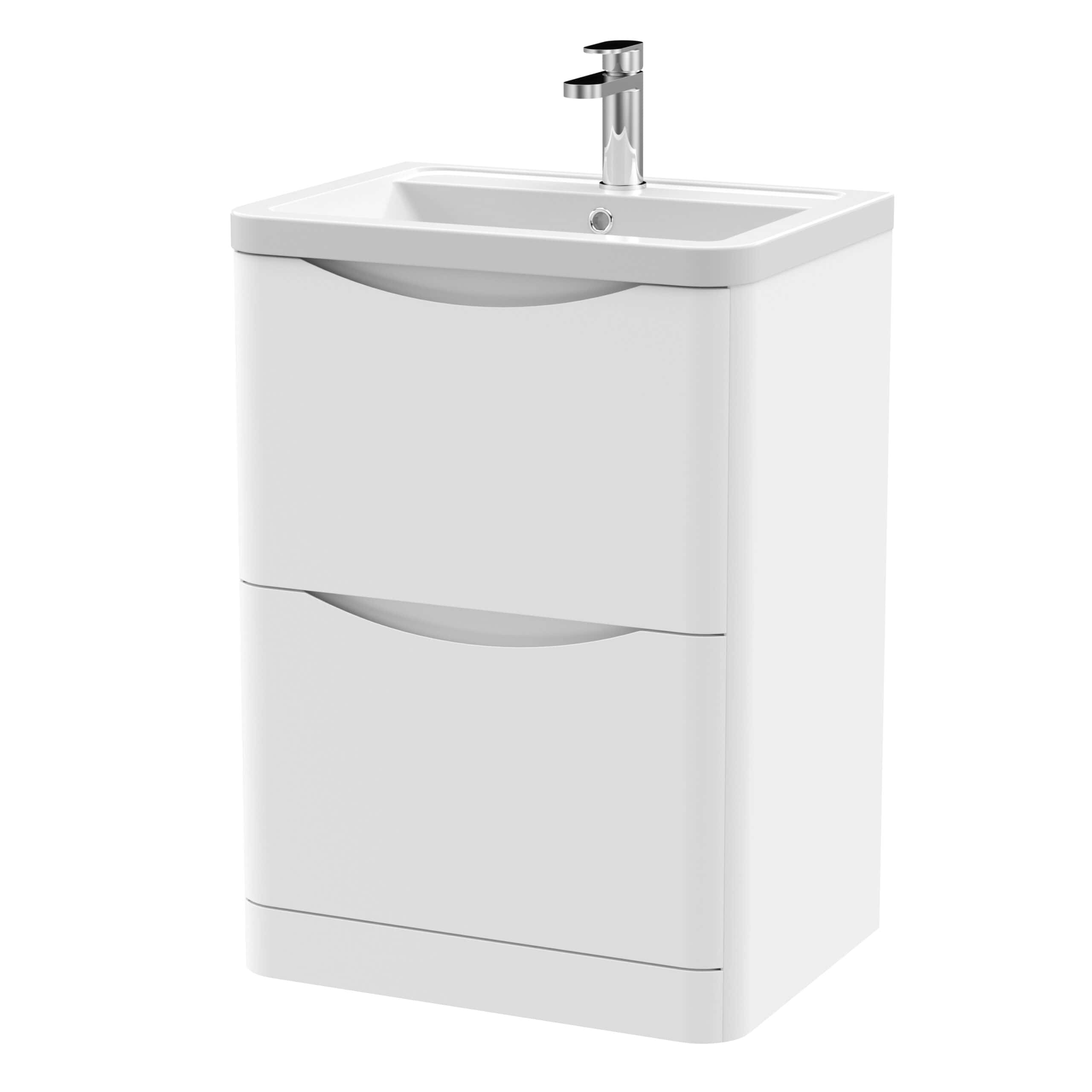 Modern white bathroom vanity unit with integrated basin and chrome tap, perfect for contemporary bathroom decor and functional storage. Suitable for bathroom renovation projects.