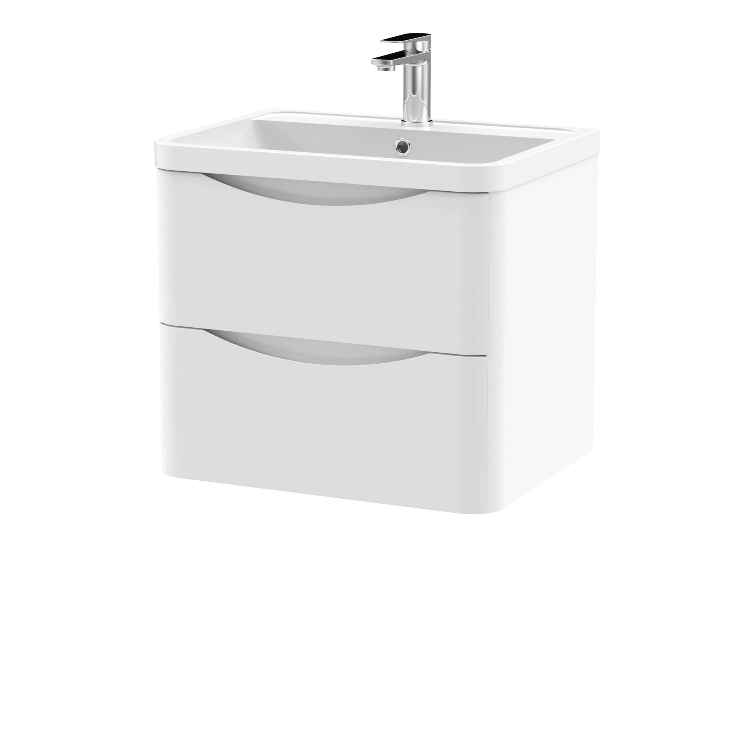 Modern white bathroom vanity unit with integrated sink and chrome tap, designed for stylish and functional bathroom storage and hygiene.