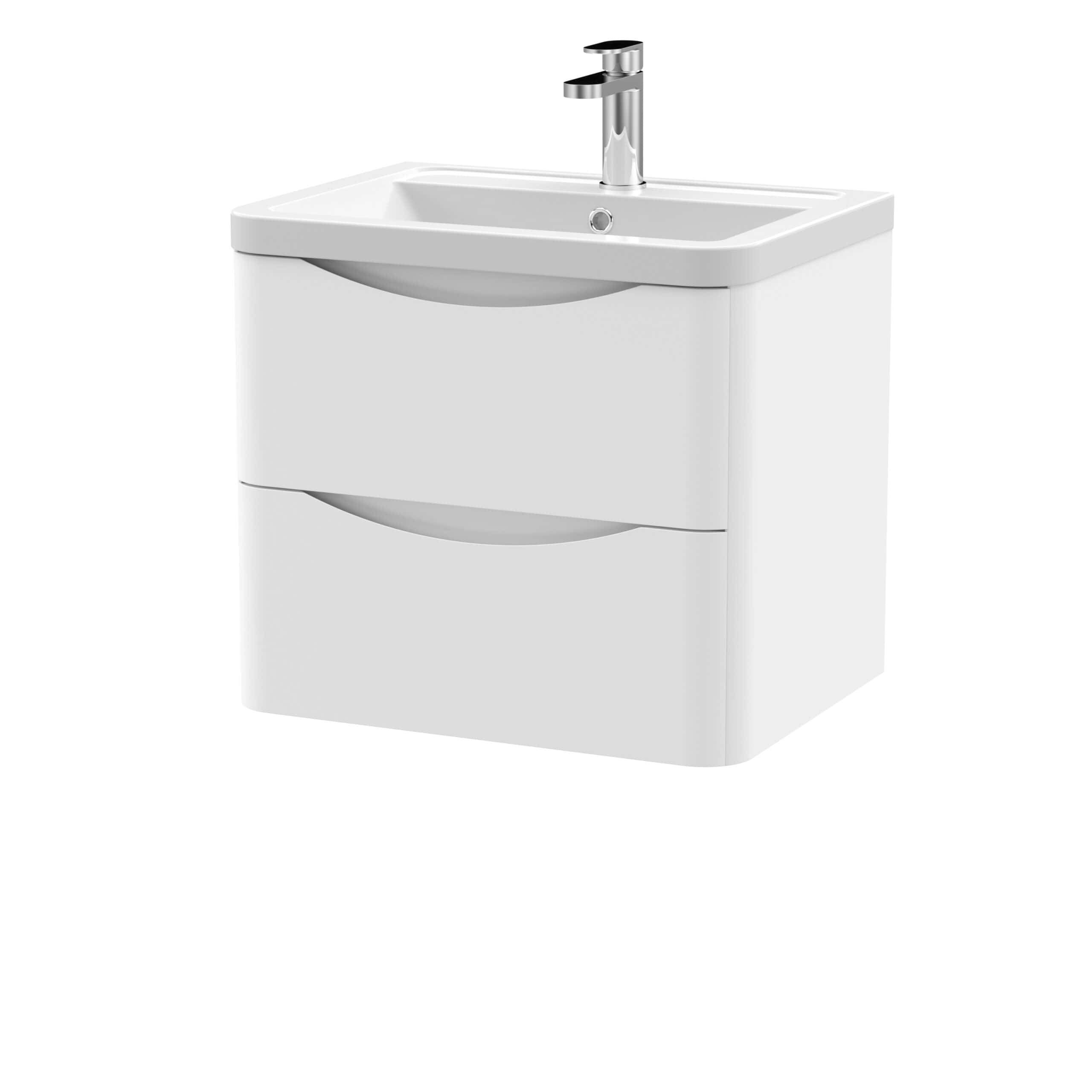 Sleek white bathroom vanity with integrated sink and chrome faucet, perfect for modern bathroom designs and space-saving storage solutions.