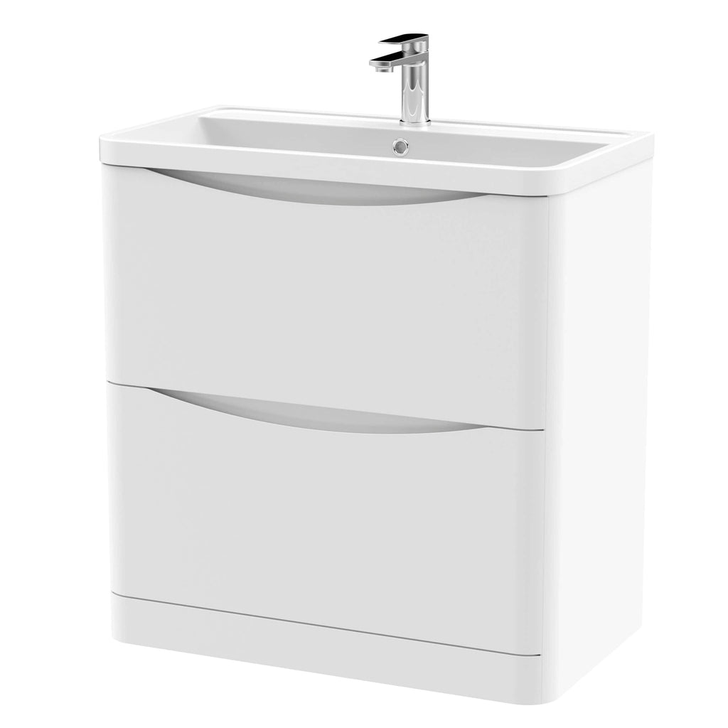 Modern white bathroom vanity unit with integrated sink and chrome tap, ideal for contemporary bathroom renovation and storage solutions.