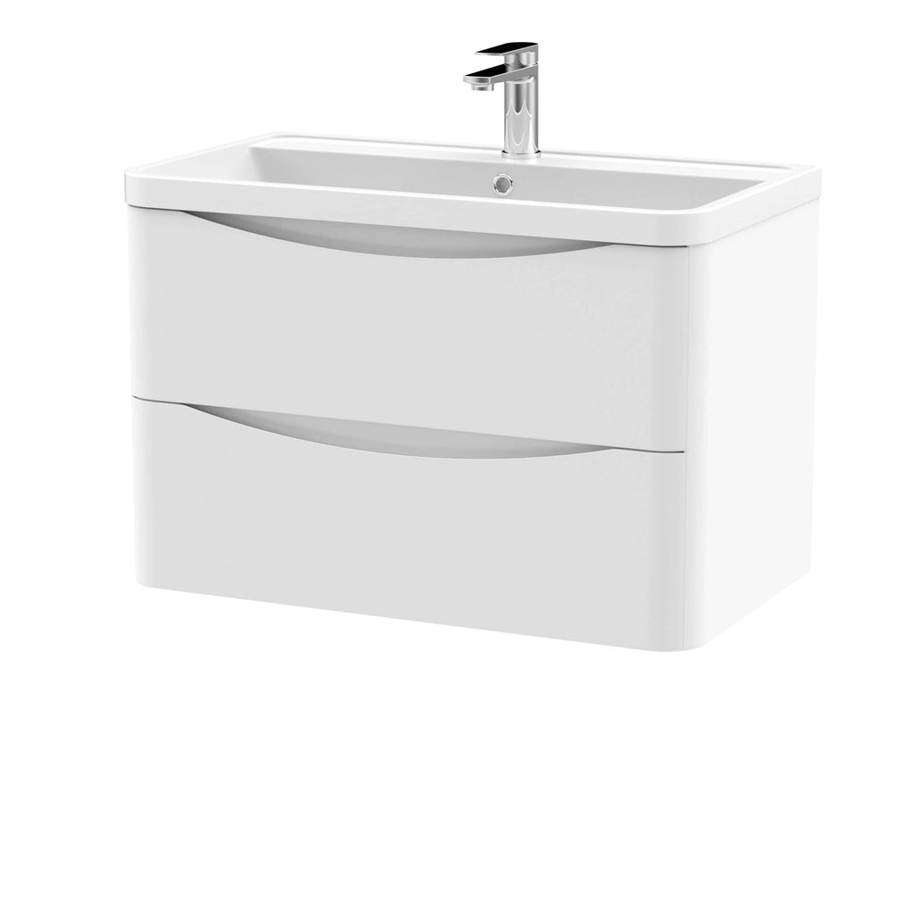 Sleek white bathroom vanity with integrated sink and modern chrome faucet, perfect for contemporary bathroom designs. Compact storage drawers with curved handles for a stylish, functional space.