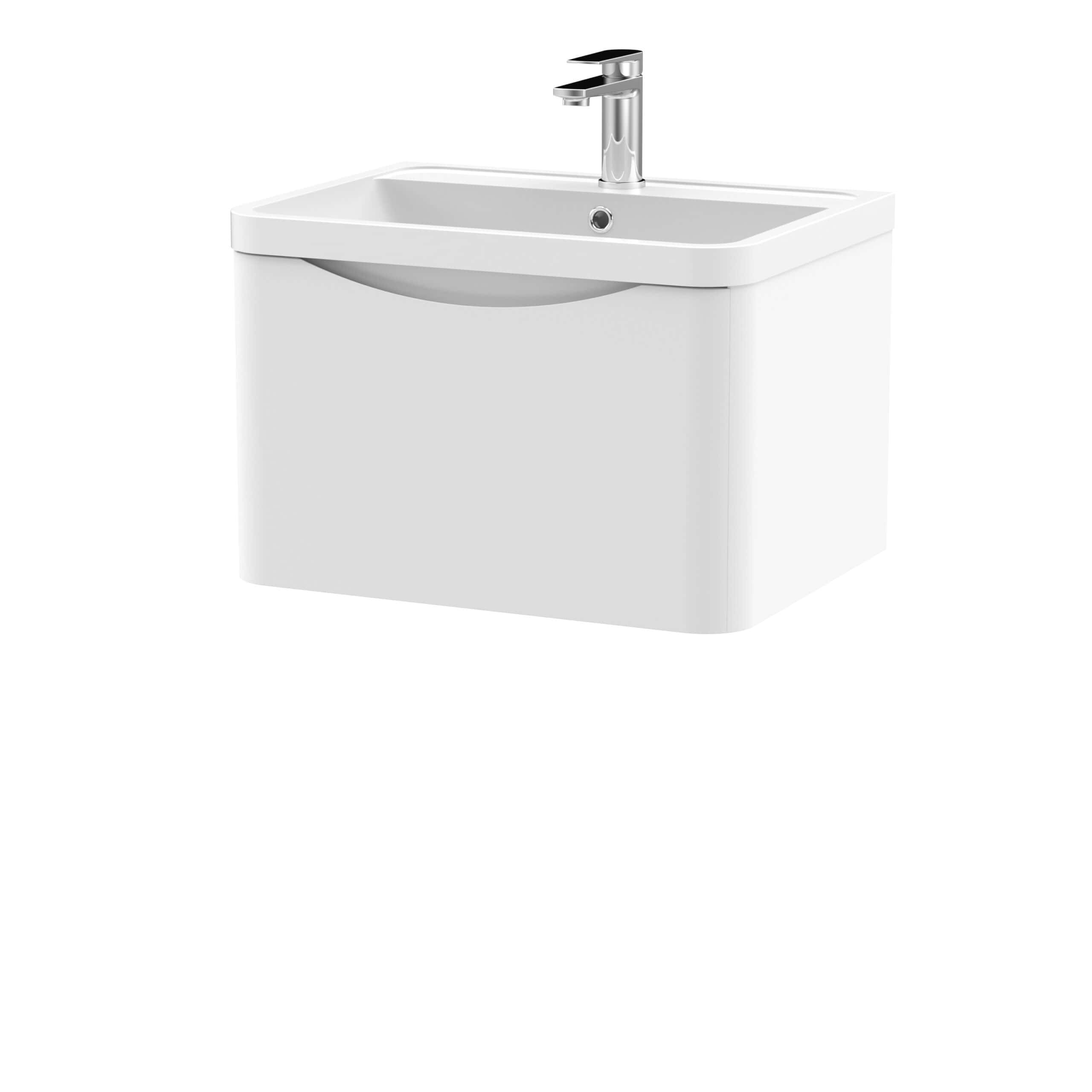 Contemporary white bathroom vanity unit with integrated sink and chrome tap. Perfect for modern bathroom decor, combining style and functionality.