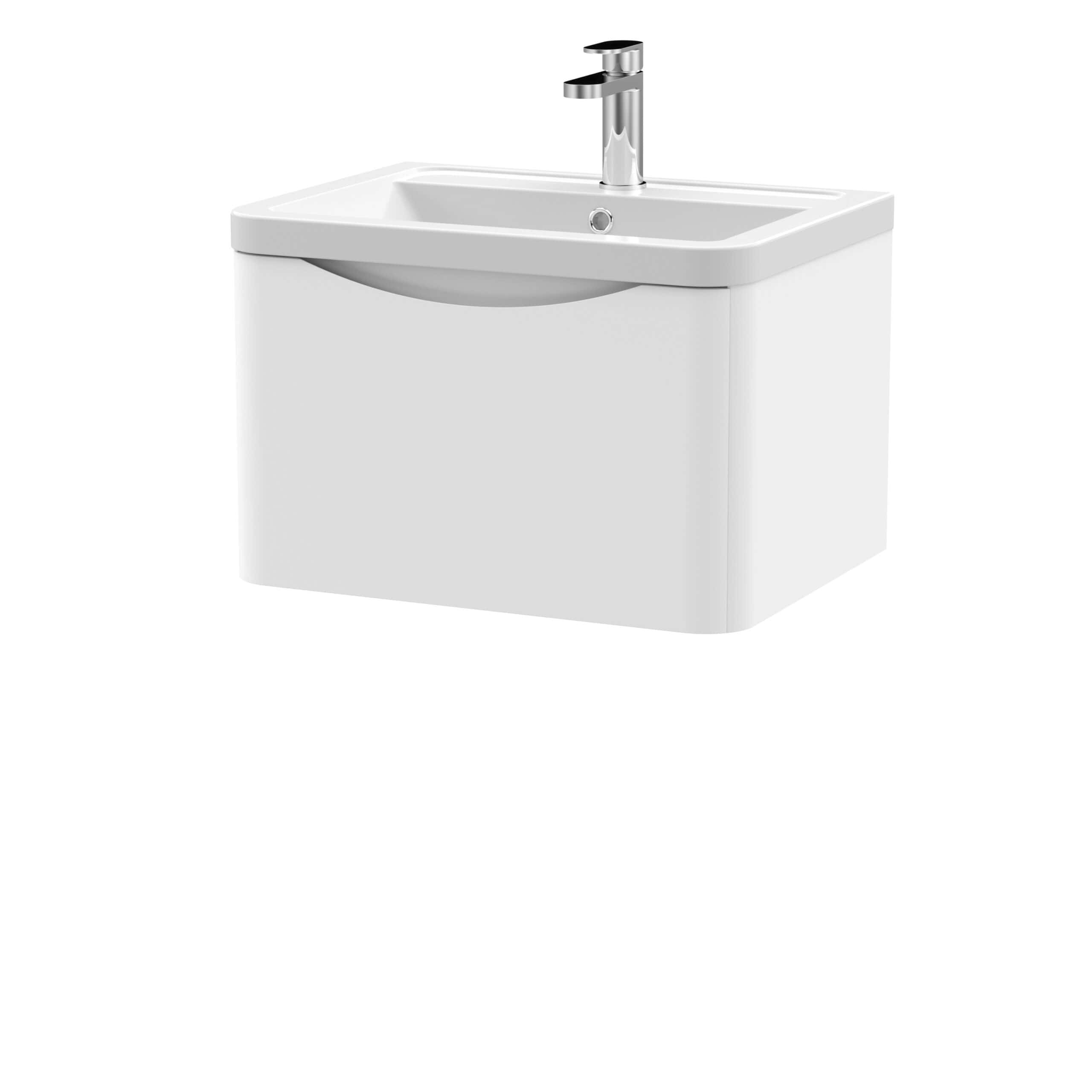 Sleek white bathroom vanity unit with integrated sink and chrome tap, ideal for modern bathroom interiors and space-saving storage.