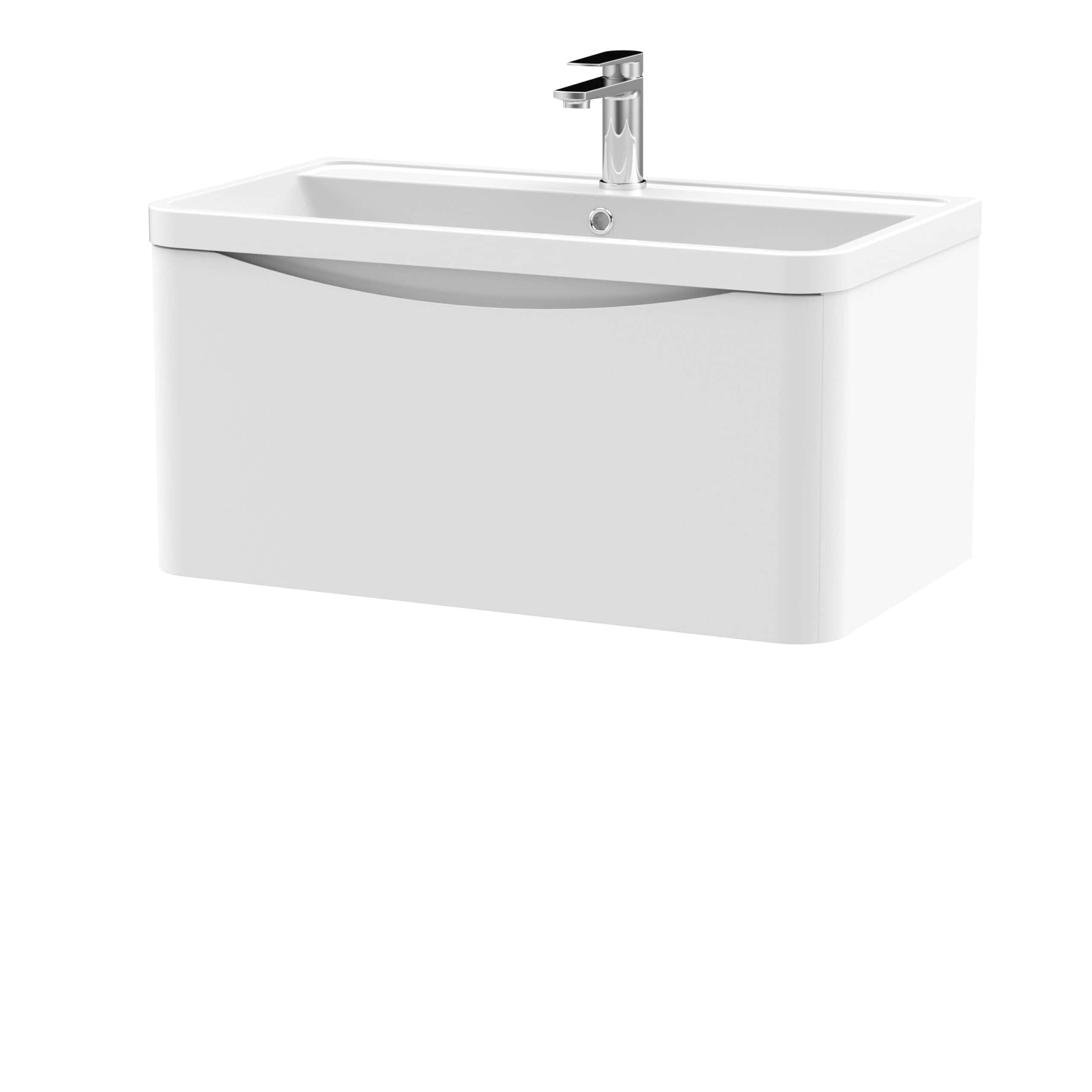Sleek white bathroom sink with integrated cabinet and modern chrome tap, perfect for contemporary bathroom setups.