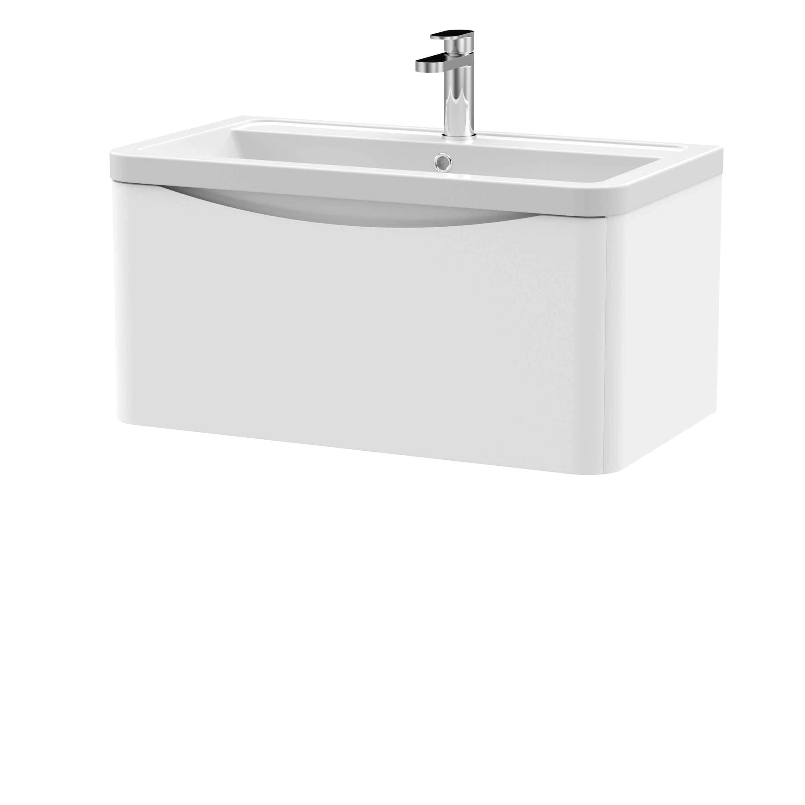 Modern white bathroom vanity unit with integrated sink and chrome faucet, ideal for contemporary bathroom renovation and storage solutions.