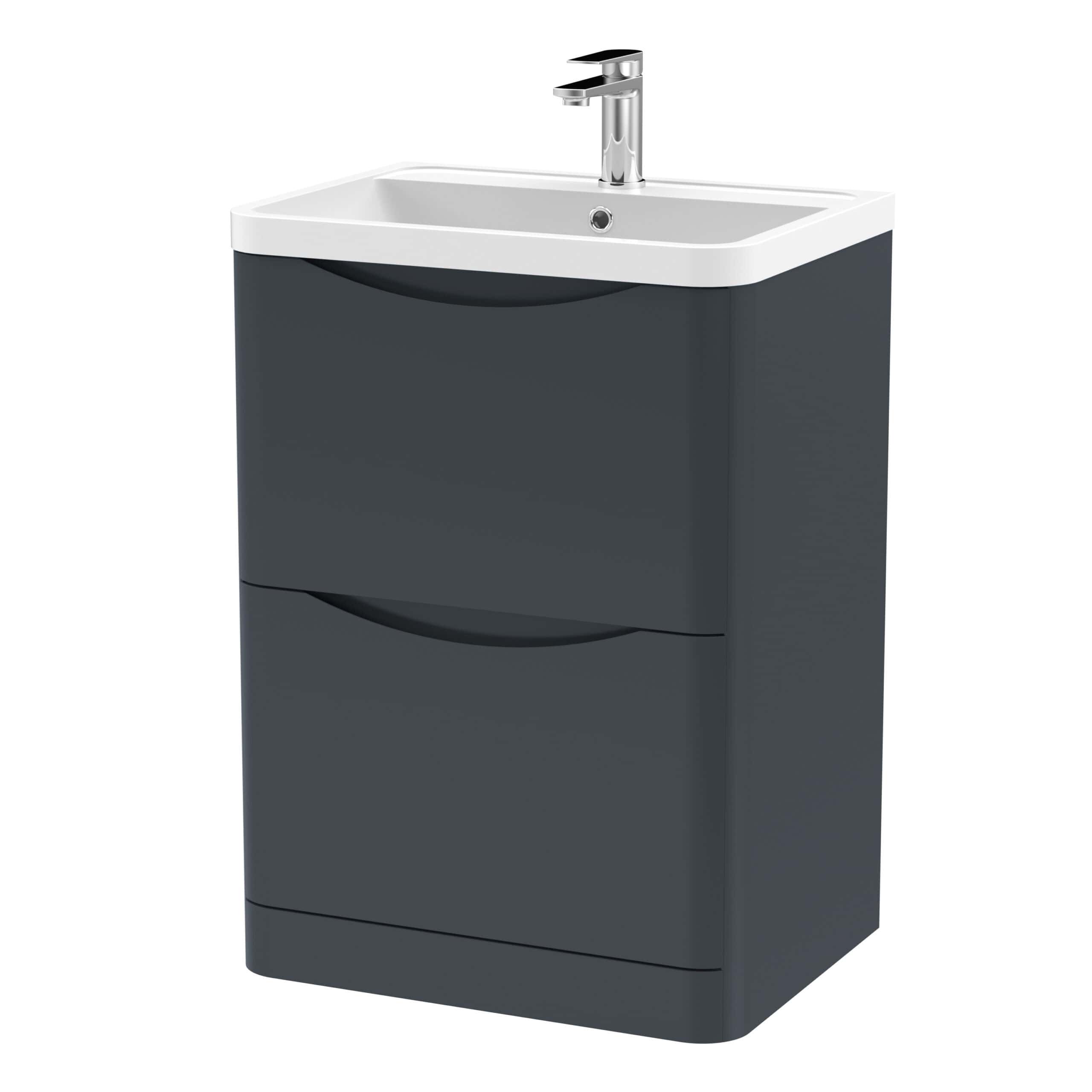 Modern grey bathroom vanity with integrated sink and chrome faucet, ideal for contemporary bathroom designs.