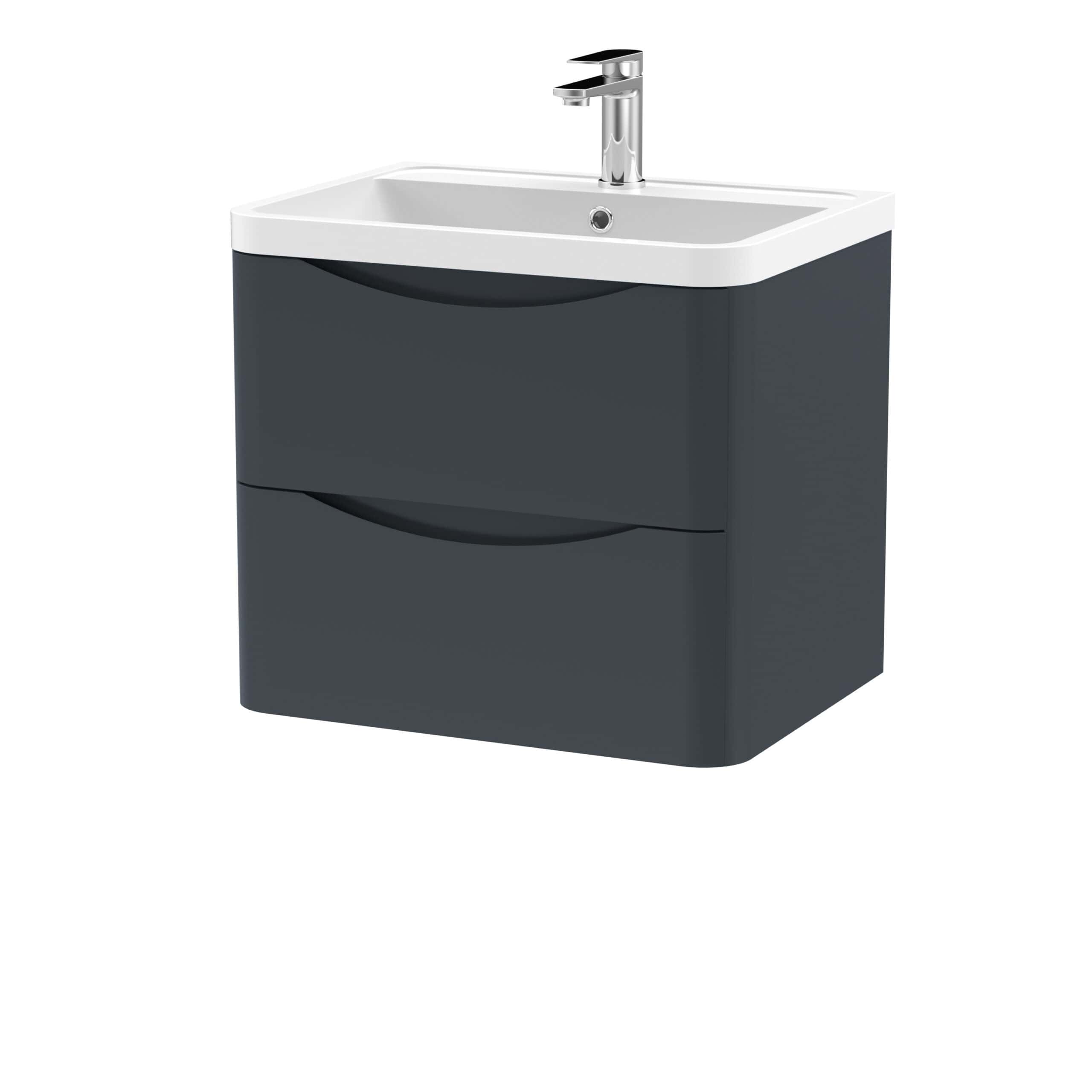 Modern bathroom vanity unit with integrated sink and chrome tap, ideal for contemporary bathroom designs. Stylish grey cabinet with two drawers for ample storage, perfect for organising bathroom essentials.