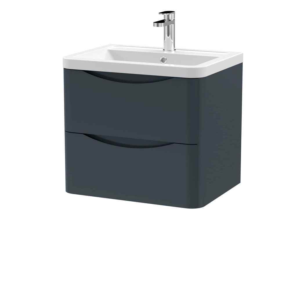 Modern bathroom vanity with integrated sink in sleek dark grey finish, perfect for contemporary bathroom designs. Featuring dual drawers for efficient storage and a stylish chrome faucet.