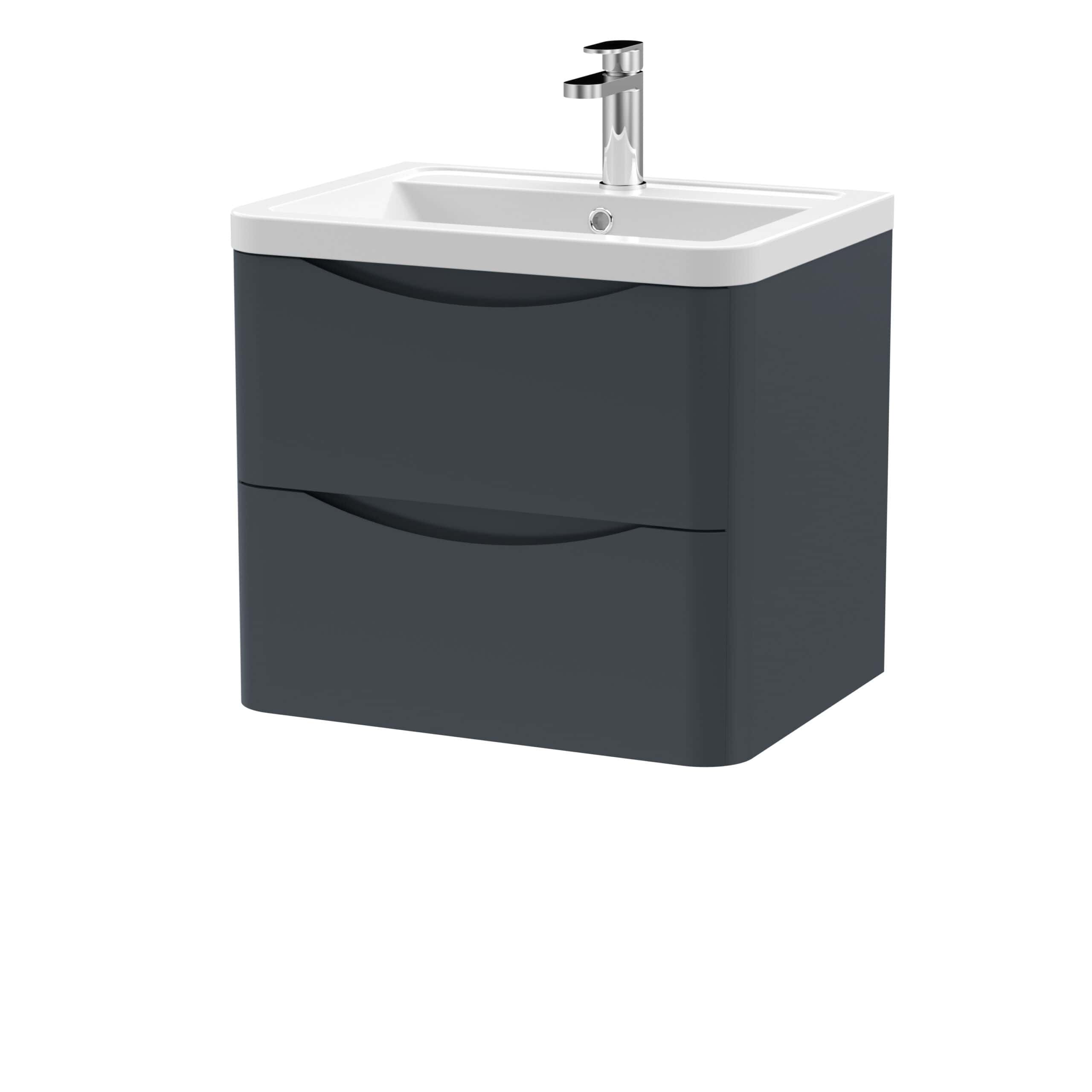 Modern bathroom vanity with integrated sink in sleek dark grey finish, perfect for contemporary bathroom designs. Featuring dual drawers for efficient storage and a stylish chrome faucet.