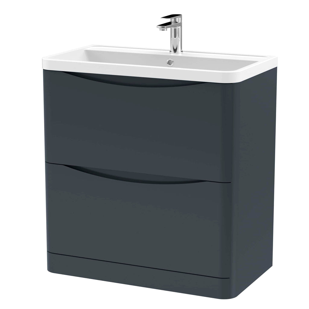 Modern bathroom vanity unit with integrated sink and storage drawers, sleek black finish, ideal for contemporary bathroom decor, perfect for organising toiletries and enhancing space efficiency.