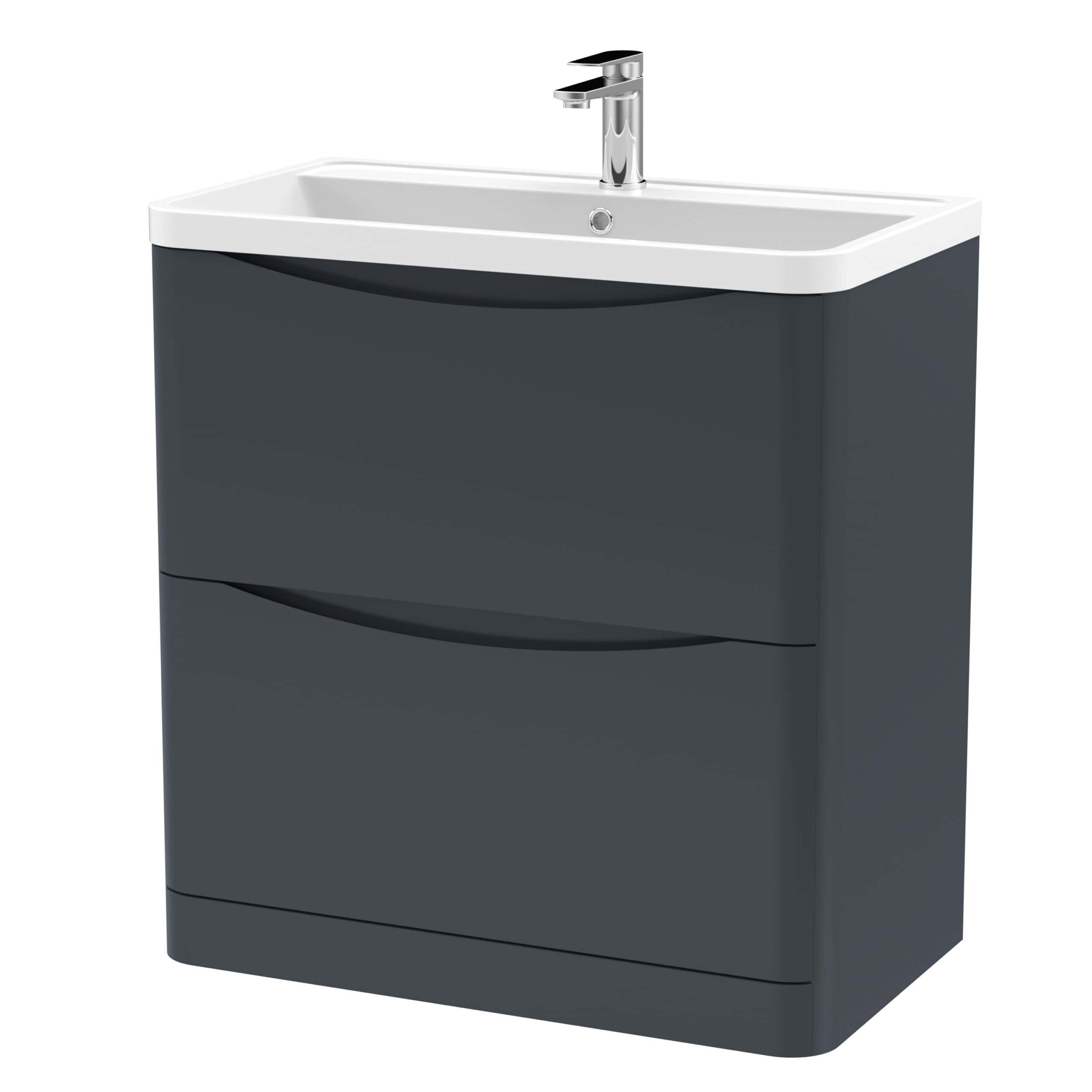 Modern bathroom vanity unit with integrated sink and storage drawers, sleek black finish, ideal for contemporary bathroom decor, perfect for organising toiletries and enhancing space efficiency.