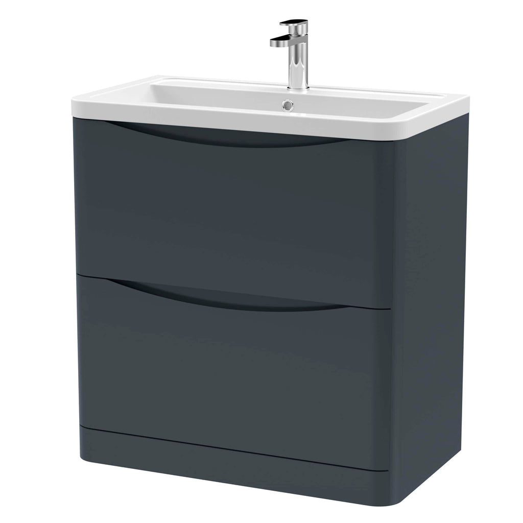 Modern bathroom vanity with integrated washbasin and sleek dark grey finish – ideal for contemporary bathroom design.