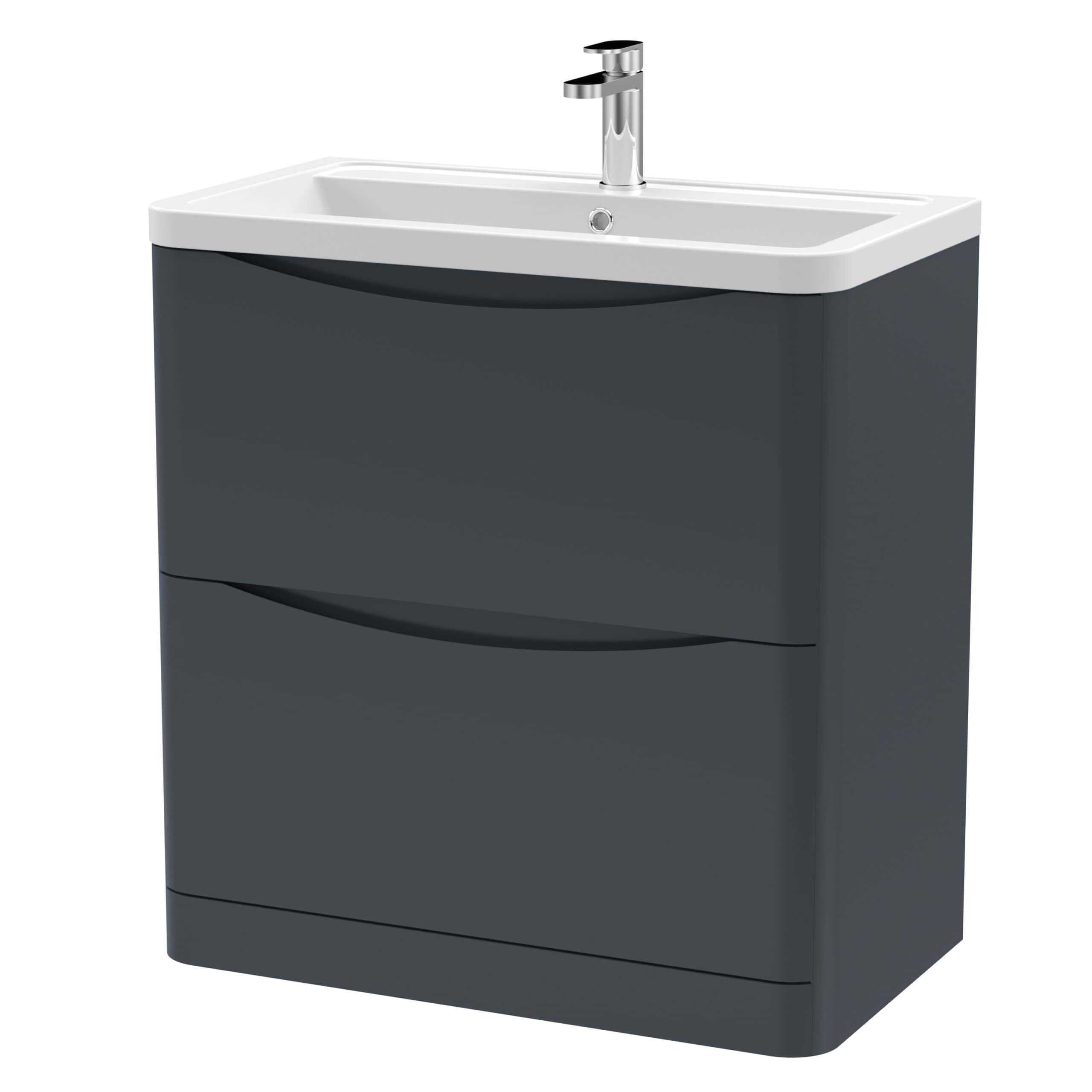 Modern bathroom vanity with integrated washbasin and sleek dark grey finish – ideal for contemporary bathroom design.