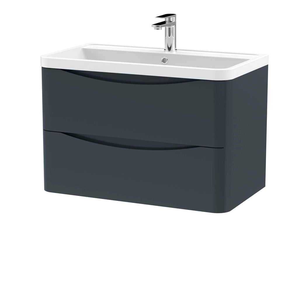 Sleek modern bathroom vanity unit with integrated sink and chrome faucet, designed for contemporary bathroom interiors. Compact and stylish storage solution for bathroom essentials.