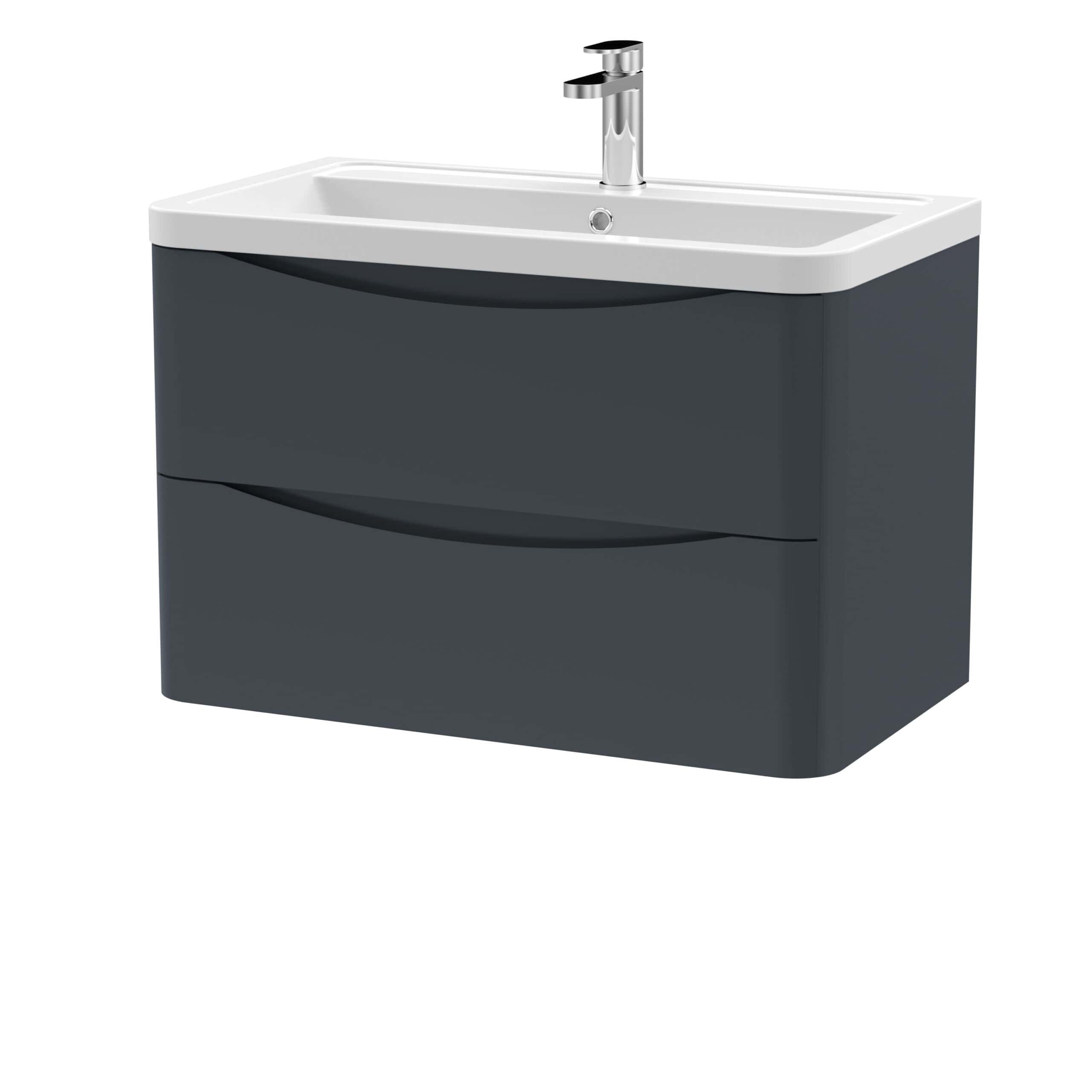 Black and white modern bathroom vanity with a ceramic sink and chrome faucet. Compact design with two storage drawers, perfect for contemporary bathrooms.