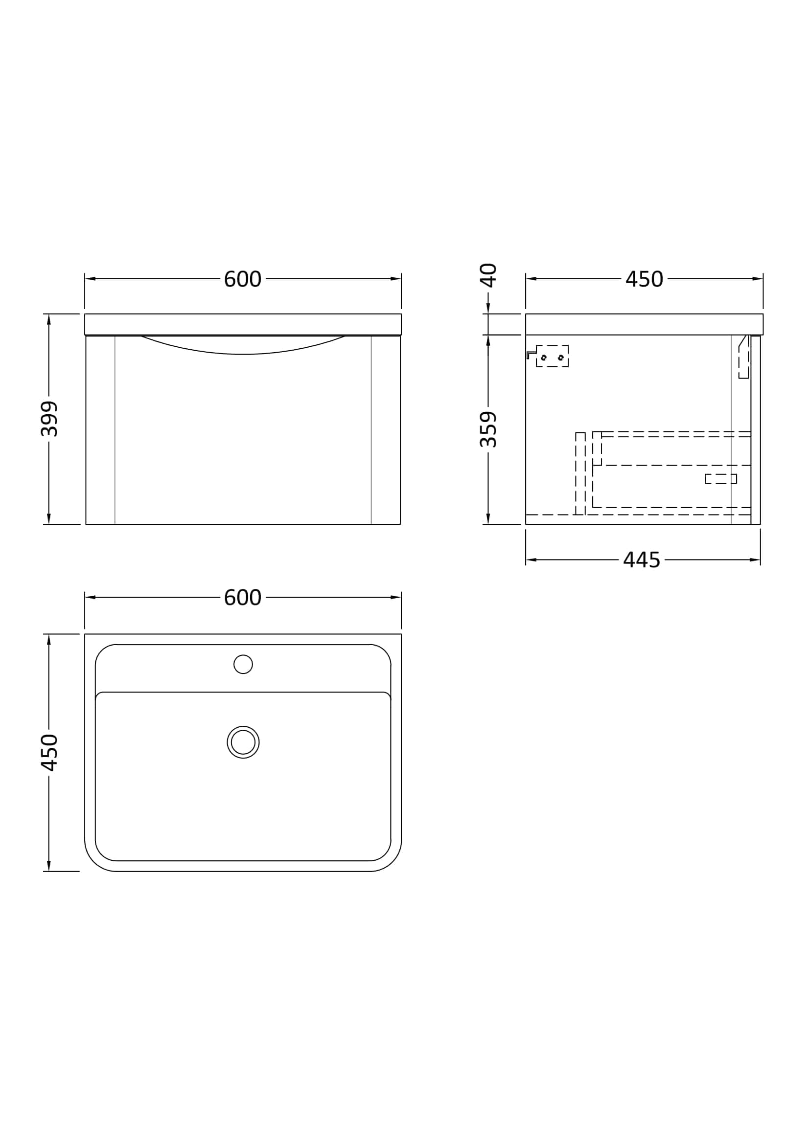 Modern bathroom vanity unit with integrated sink, measuring 600mm wide by 450mm deep, featuring sleek storage drawers and durable construction, ideal for contemporary bathroom designs.