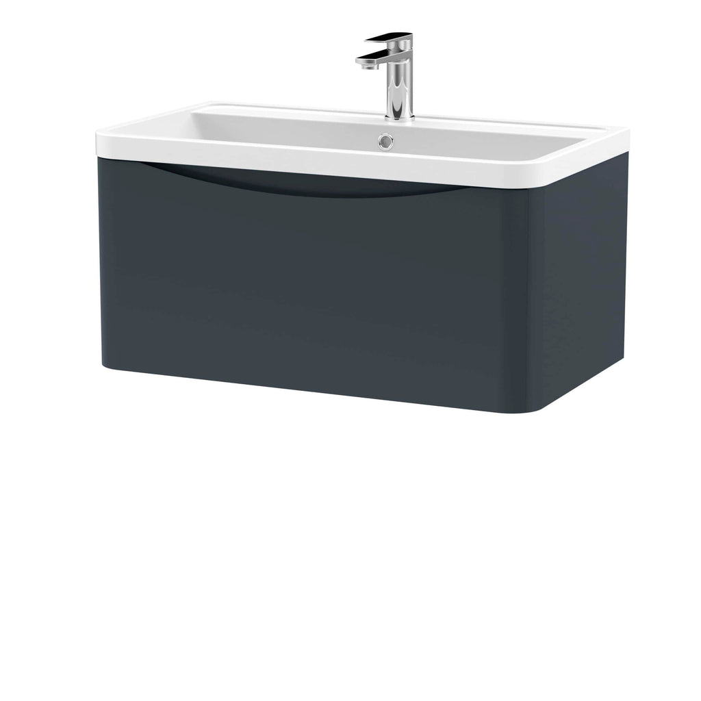 Sleek modern bathroom vanity with a ceramic sink and chrome faucet, perfect for contemporary bathroom designs. Featuring a stylish dark grey cabinet for ample storage space.