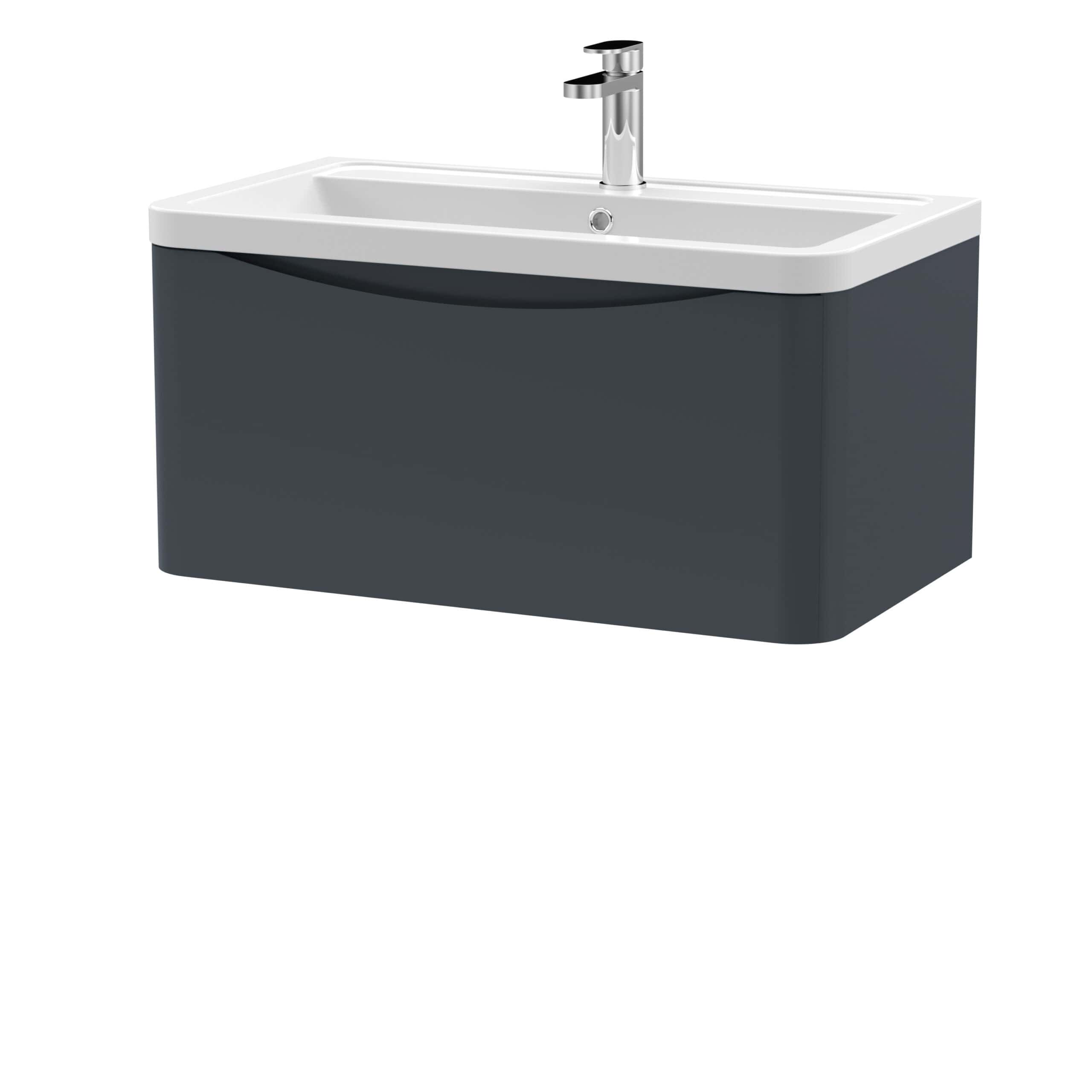 Modern bathroom vanity unit with integrated sink and chrome tap for sleek bathroom storage and style.