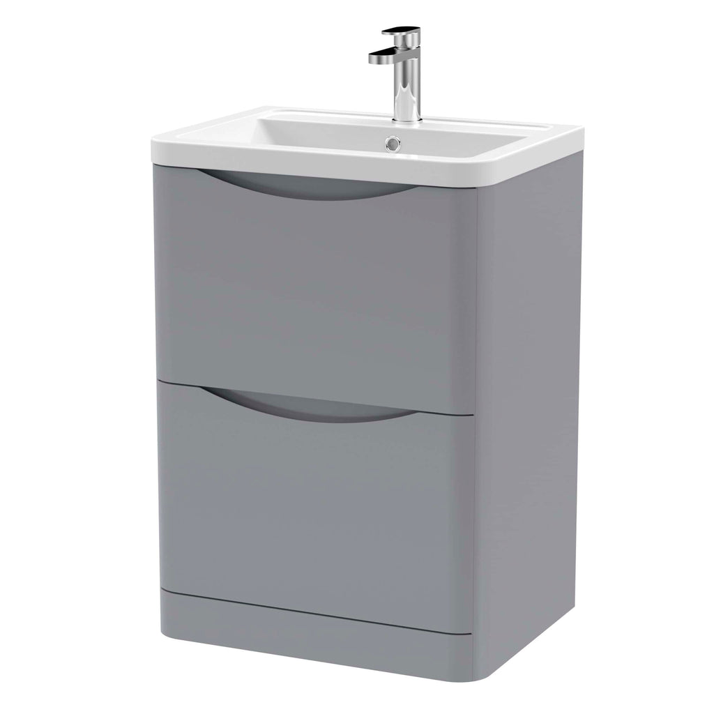 Contemporary grey bathroom vanity unit with integrated sink and chrome tap, ideal for modern bathrooms and guest wash areas. Stylish storage solution with sleek design and practical features.