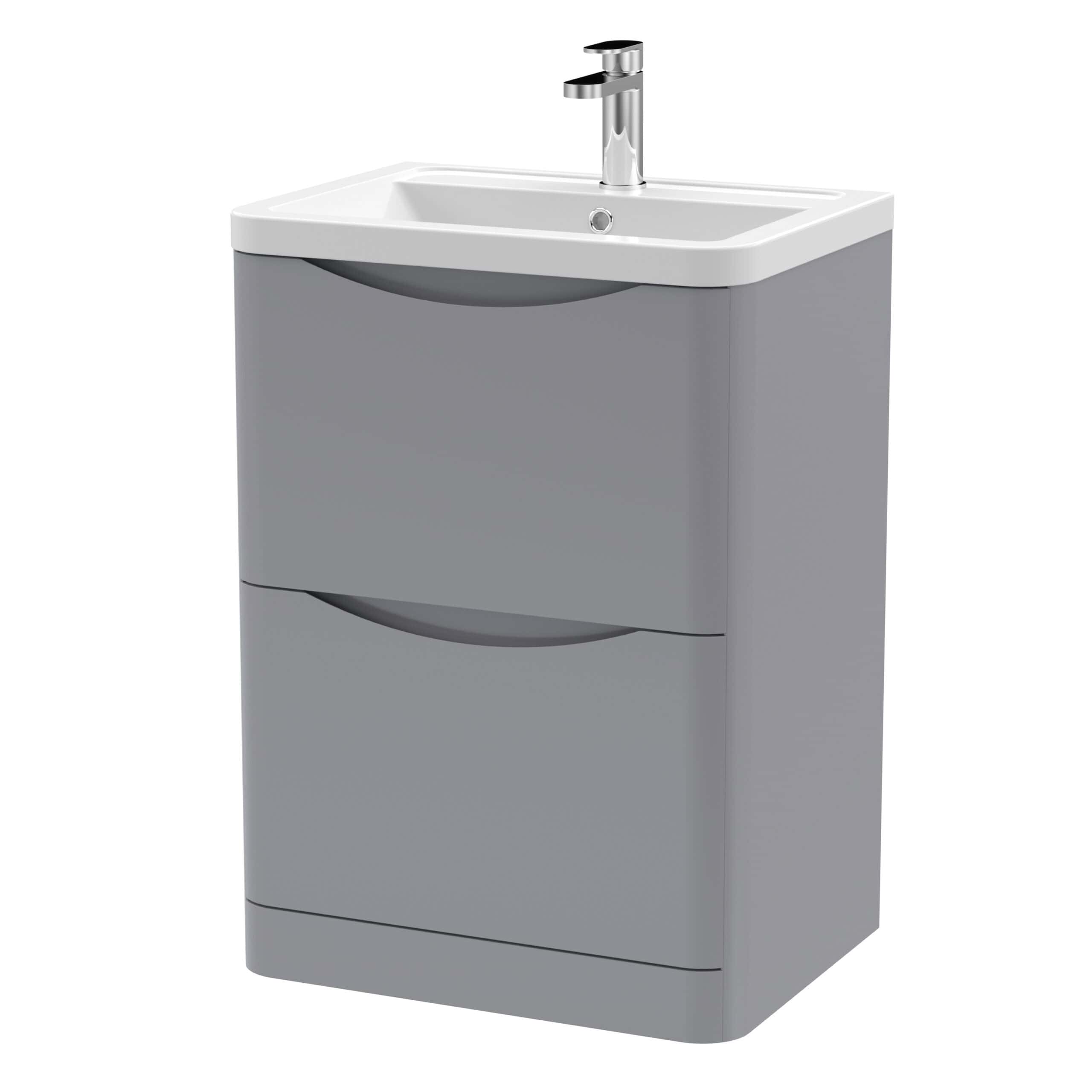 Contemporary grey bathroom vanity unit with integrated sink and chrome tap, ideal for modern bathrooms and guest wash areas. Stylish storage solution with sleek design and practical features.