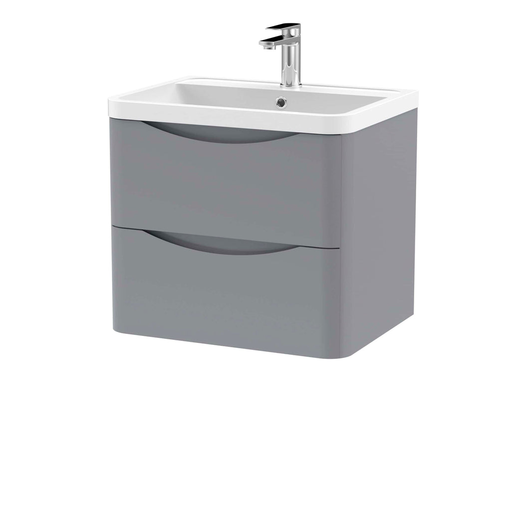 Modern grey bathroom vanity with integrated sink and chrome faucet, perfect for contemporary bathroom decor. Durable storage drawers offer practical storage solutions.