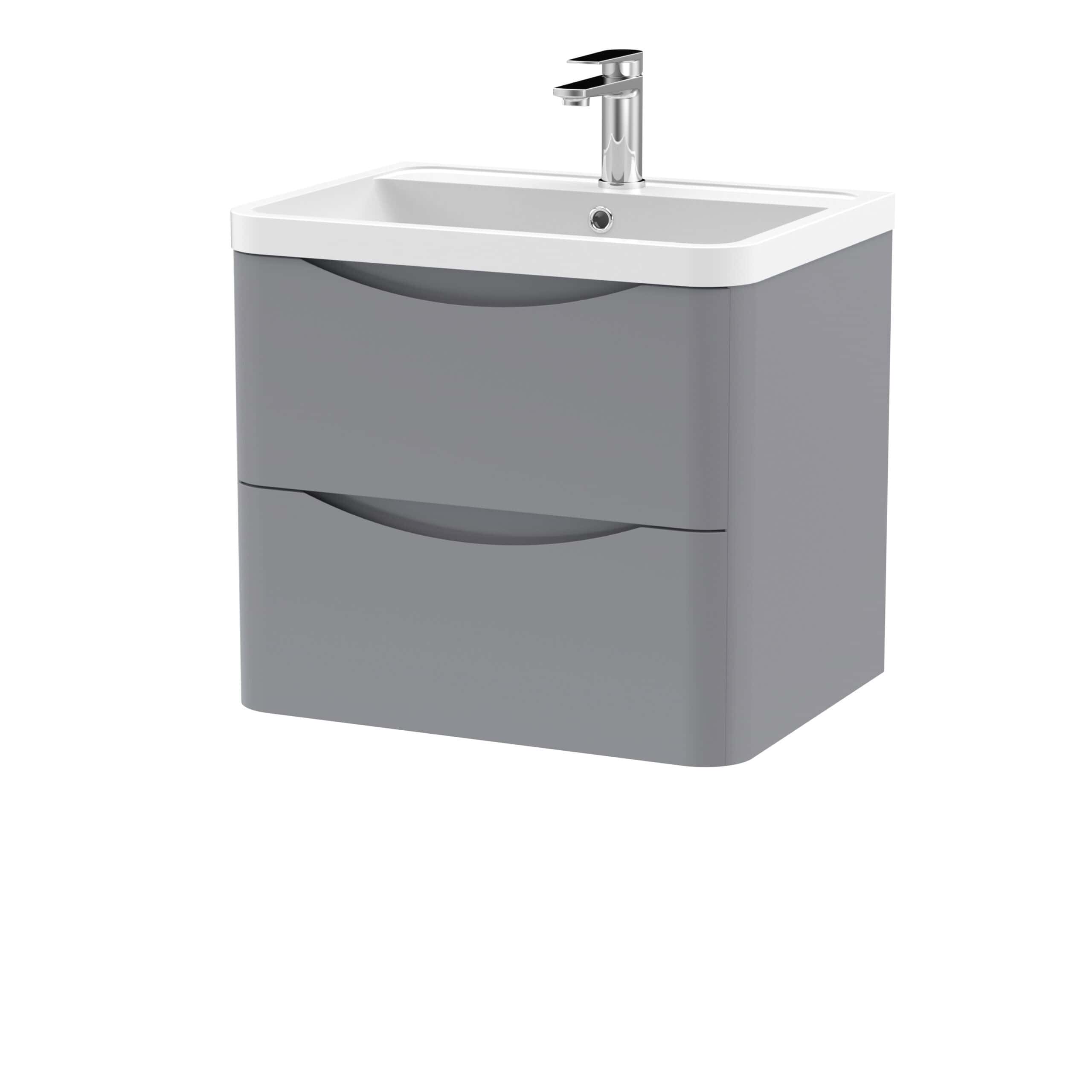 Modern grey bathroom vanity with integrated sink and chrome faucet, perfect for contemporary bathroom decor. Durable storage drawers offer practical storage solutions.