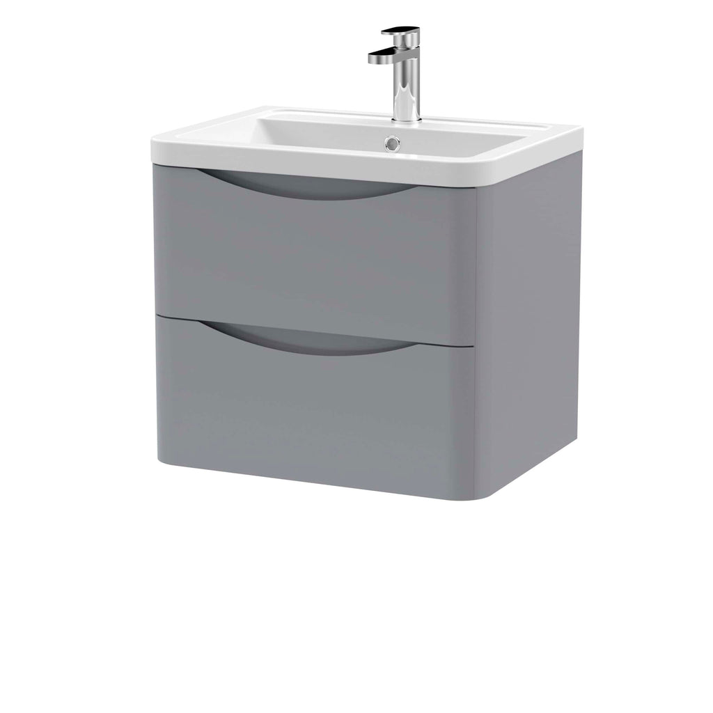 Modern grey bathroom vanity unit with integrated ceramic sink and chrome faucet, ideal for contemporary bathroom decor.